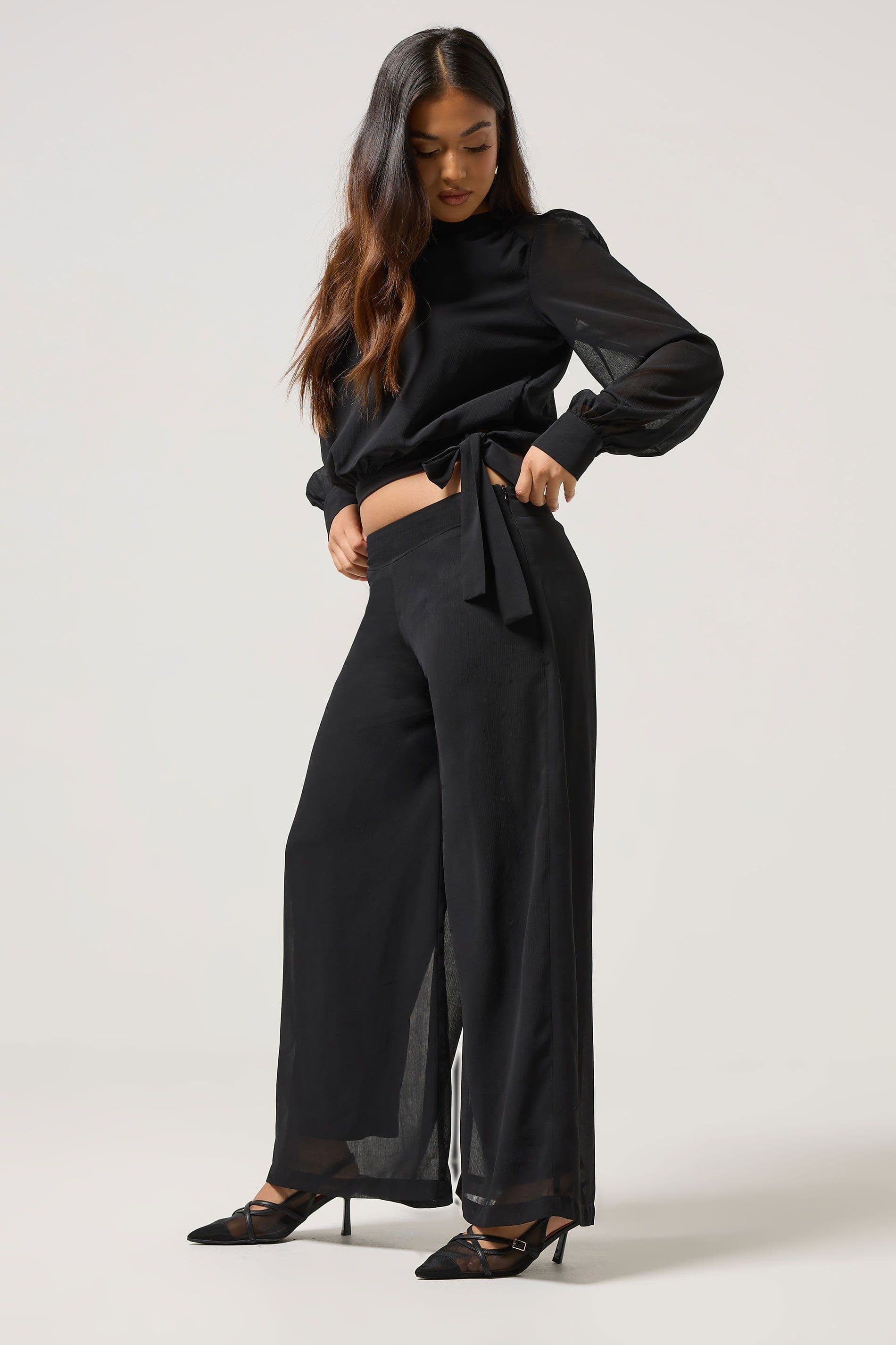 PixieGirl Women's Petite Chiffon Palazzo Trousers in Black | Size: 10