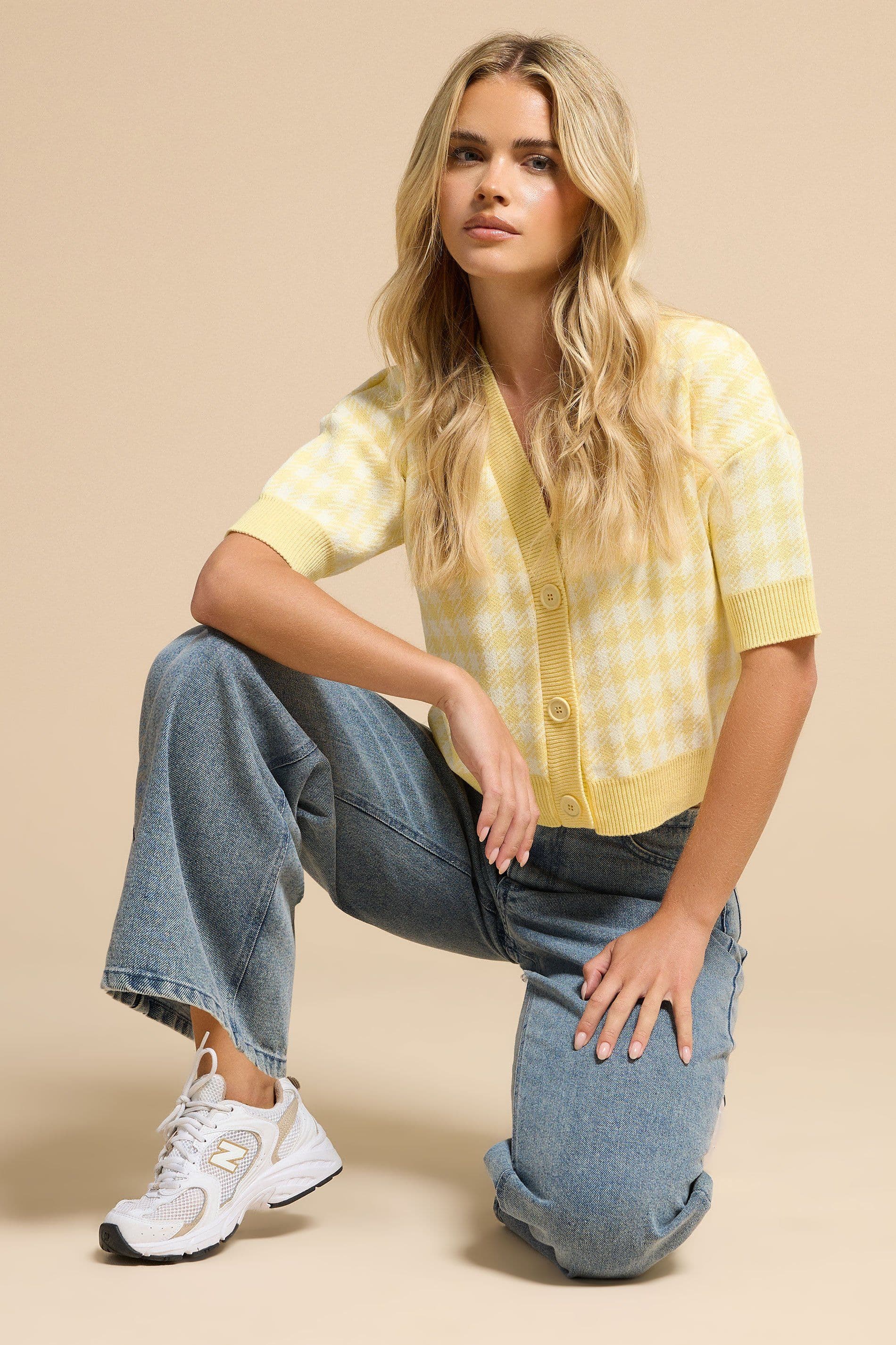 PixieGirl Women's Petite Knitted Gingham Cardigan in Yellow | Size: 10-12