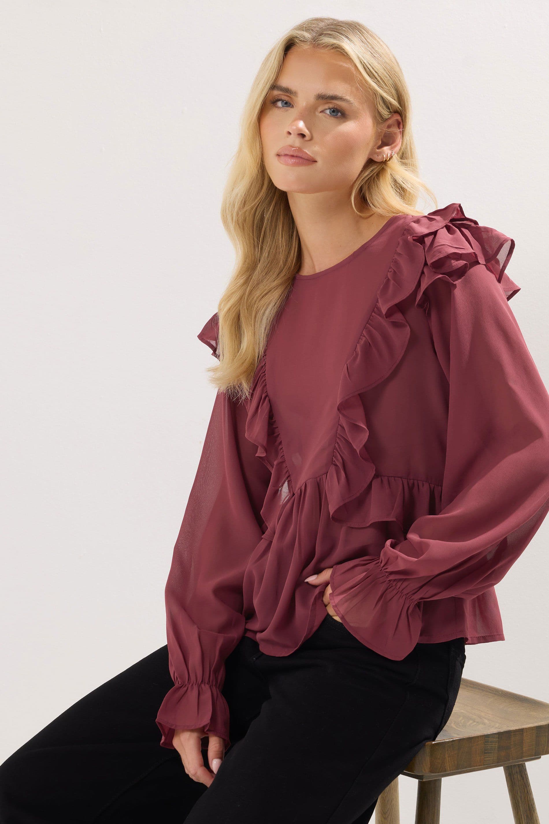 PixieGirl Women's Petite Frill Shoulder Chiffon Blouse in Burgundy | Size: 6