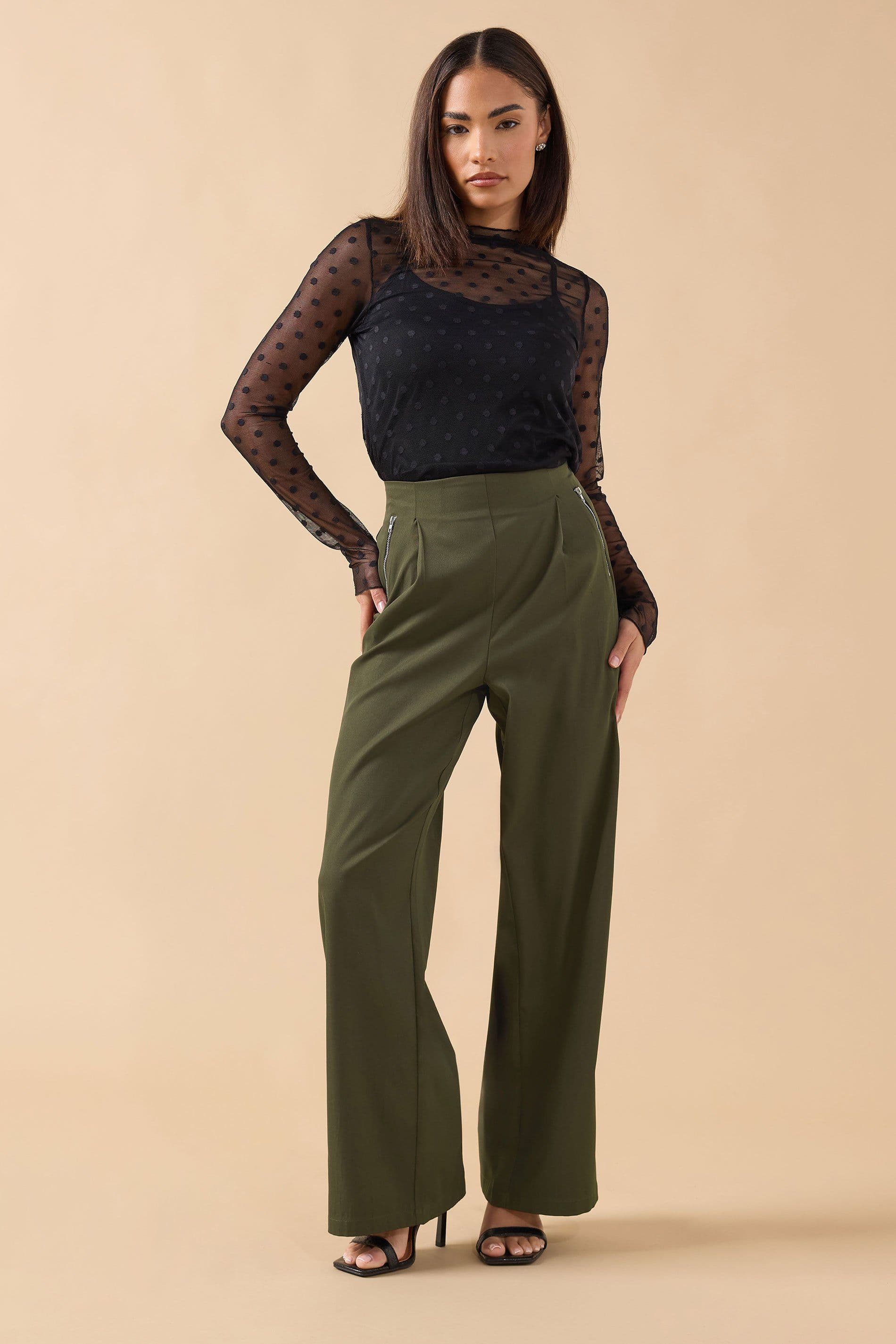 PixieGirl Women's Petite Zip Wide Leg Trousers in Dark Green | Size: 10