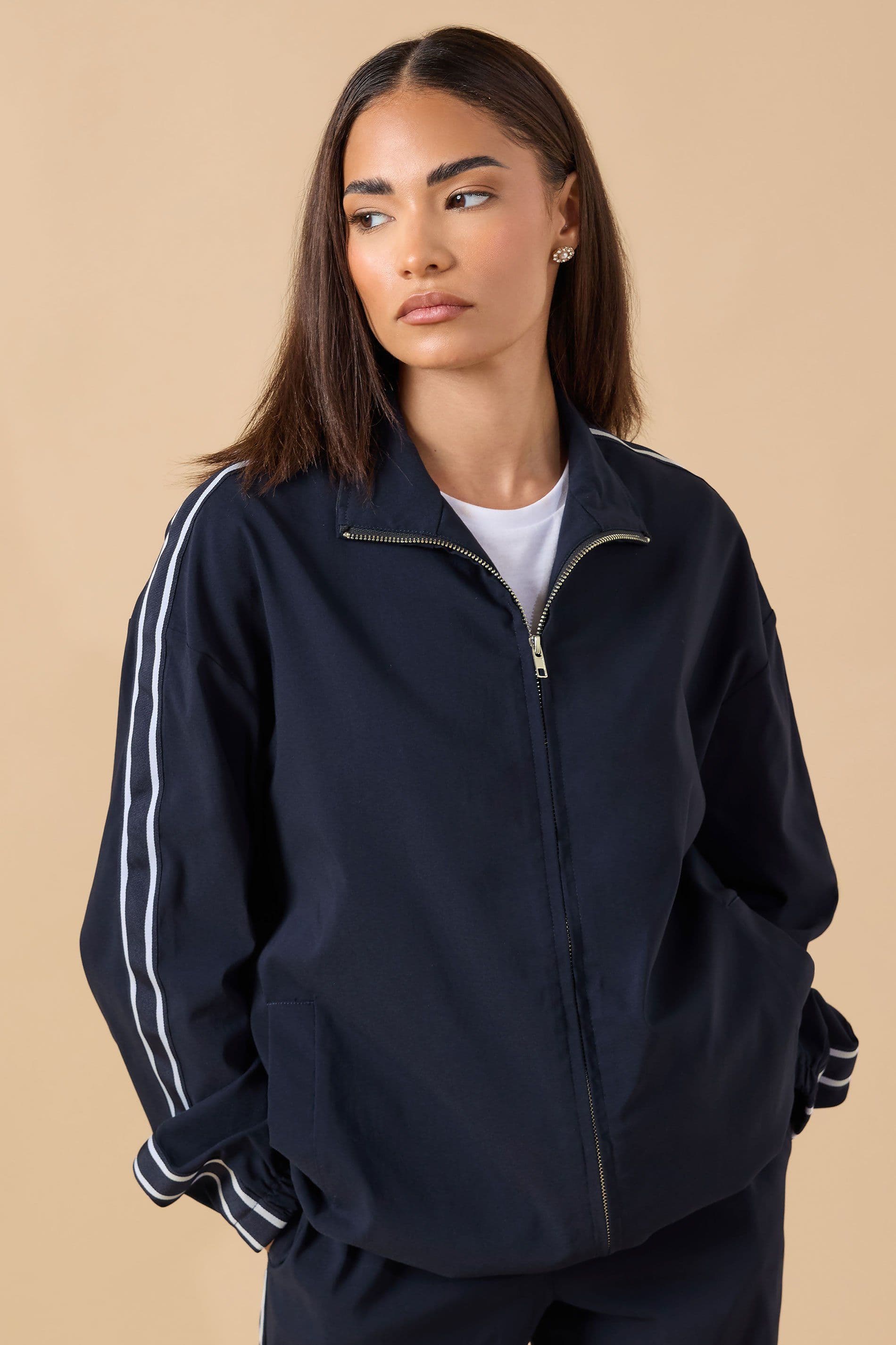PixieGirl Women's Petite Stripe Zip Jacket in Dark Navy | Size: 10