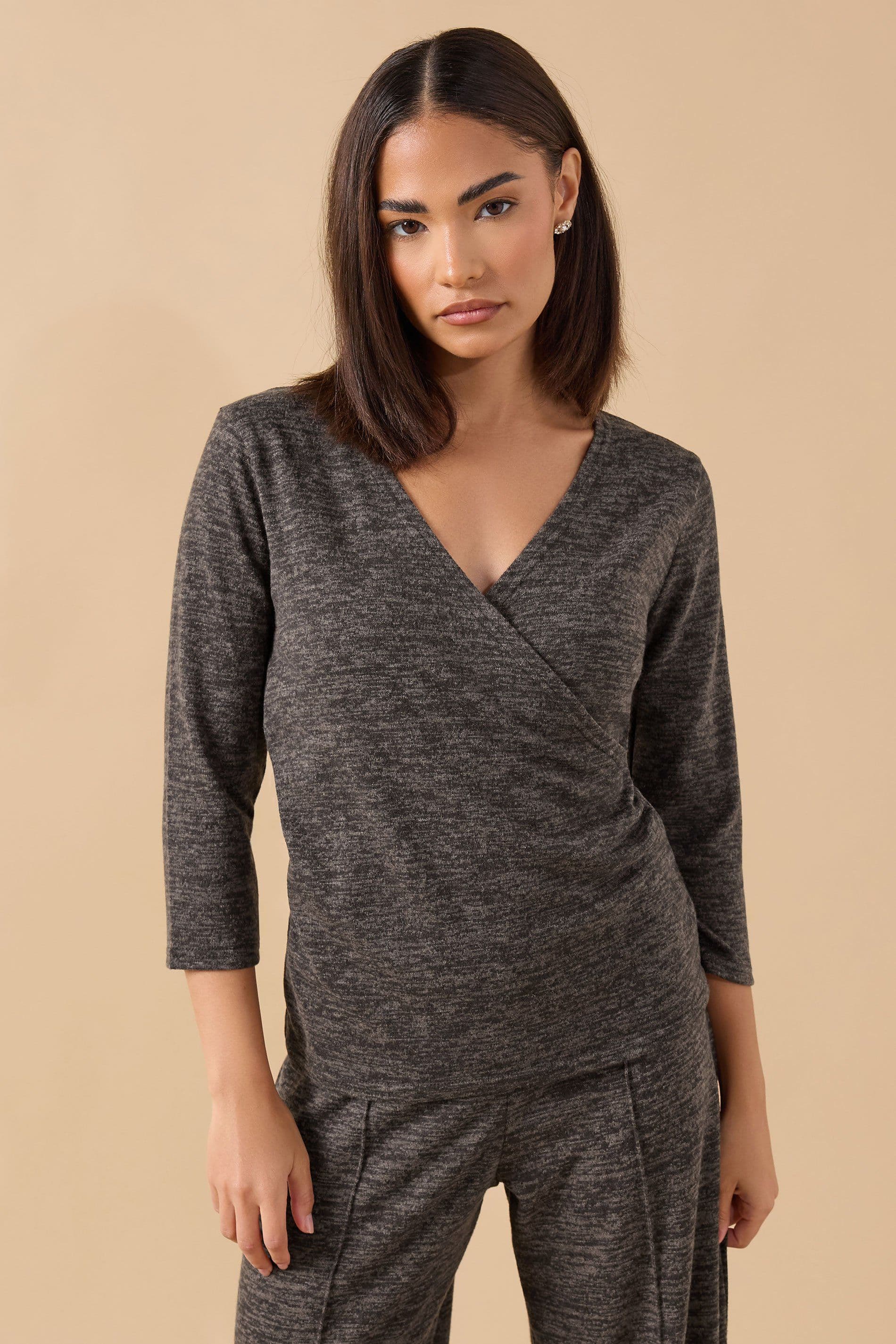 PixieGirl Women's Petite Marl Wrap Top in Chocolate | Size: 12