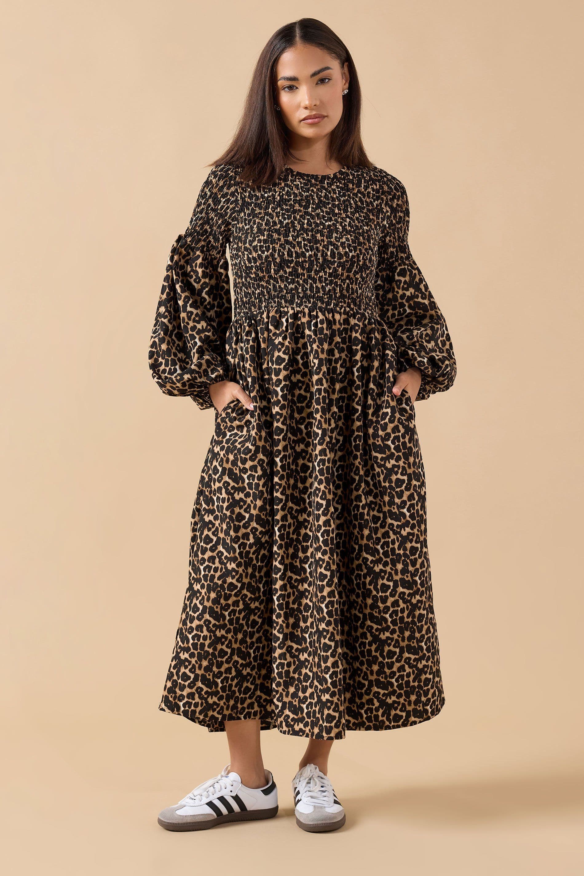 PixieGirl Women's Petite Animal Shirred Maxi Dress in Brown | Size: 10