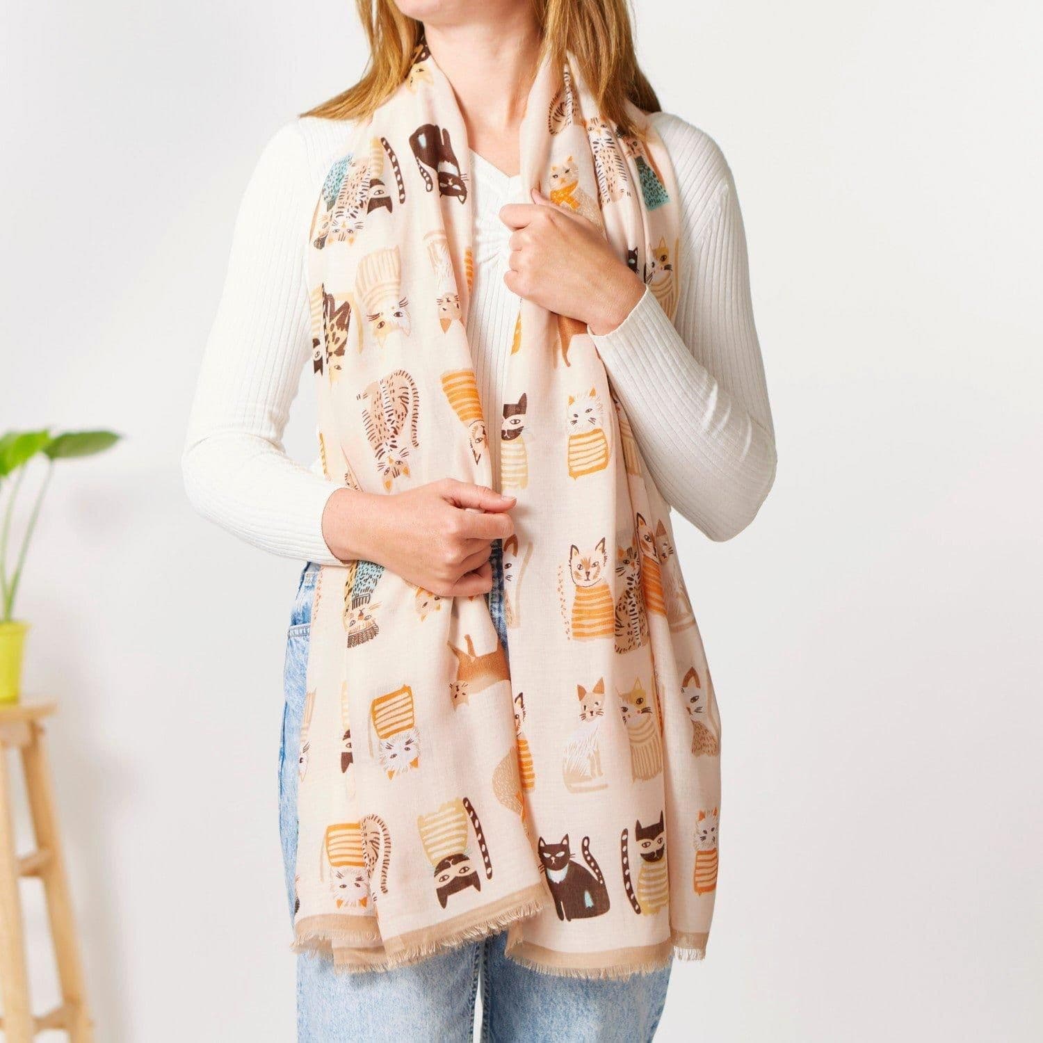 Cream Cat Print Scarf