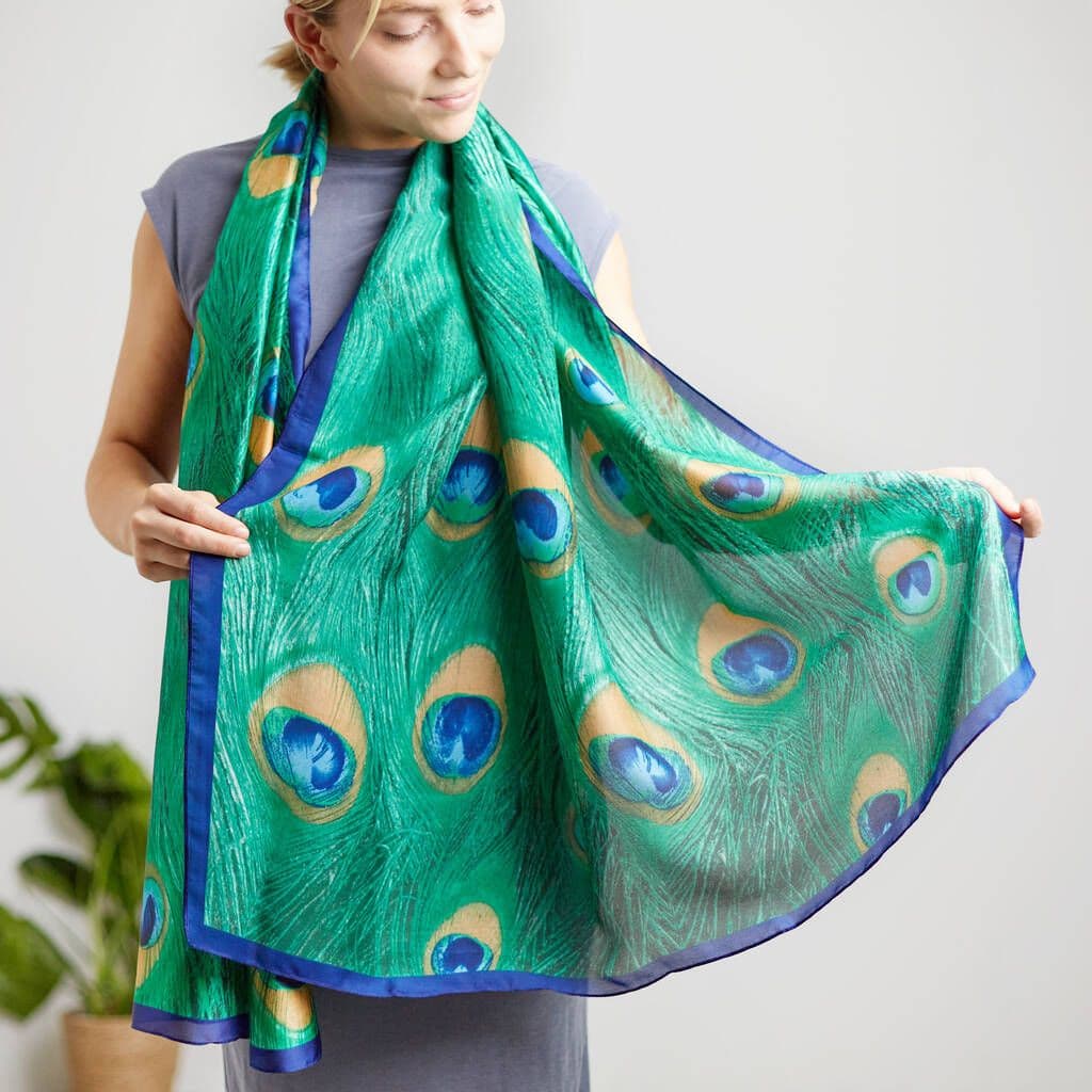 Peacock Feather Print Silk Blend Scarf