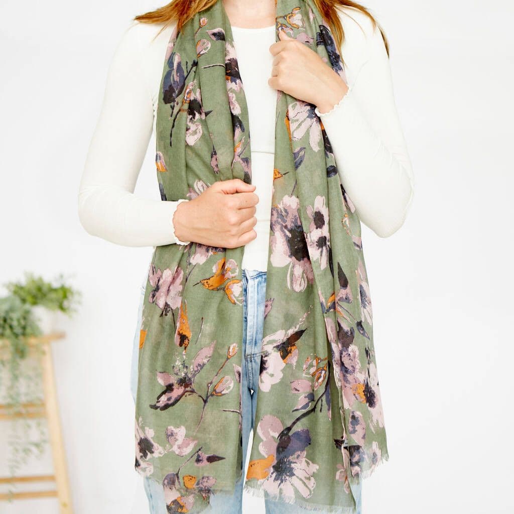 Khaki Spring Flowers Print Scarf Pale