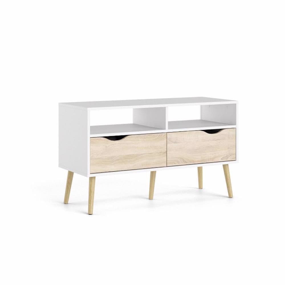 Large 2 Drawer Retro Inspired Modern TV Unit Matt & Oak