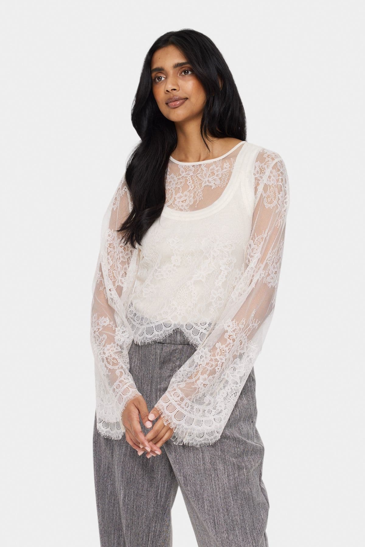 GigiSZ Long Sleeve Sheer Lace Blouse