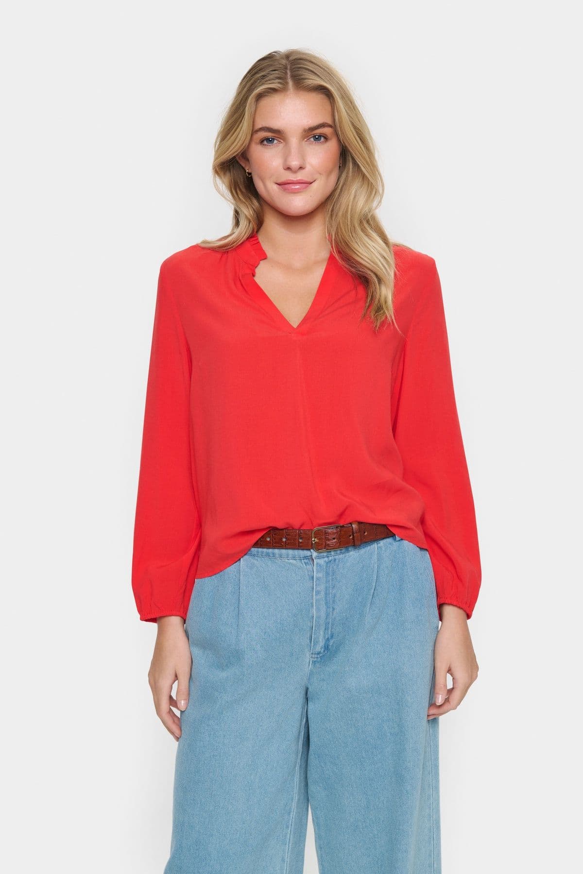 EdaSZ V notch Neck Long Sleeve Blouse