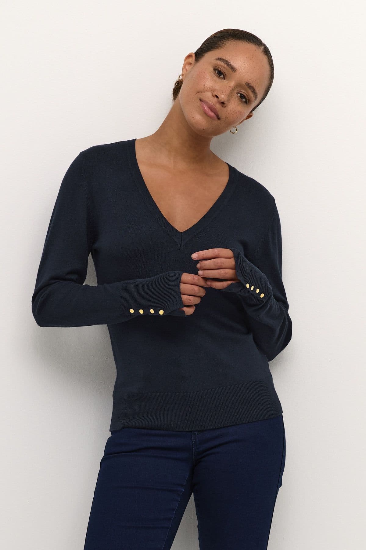 Lizza V Neck Buttoned Cuffs Pullover