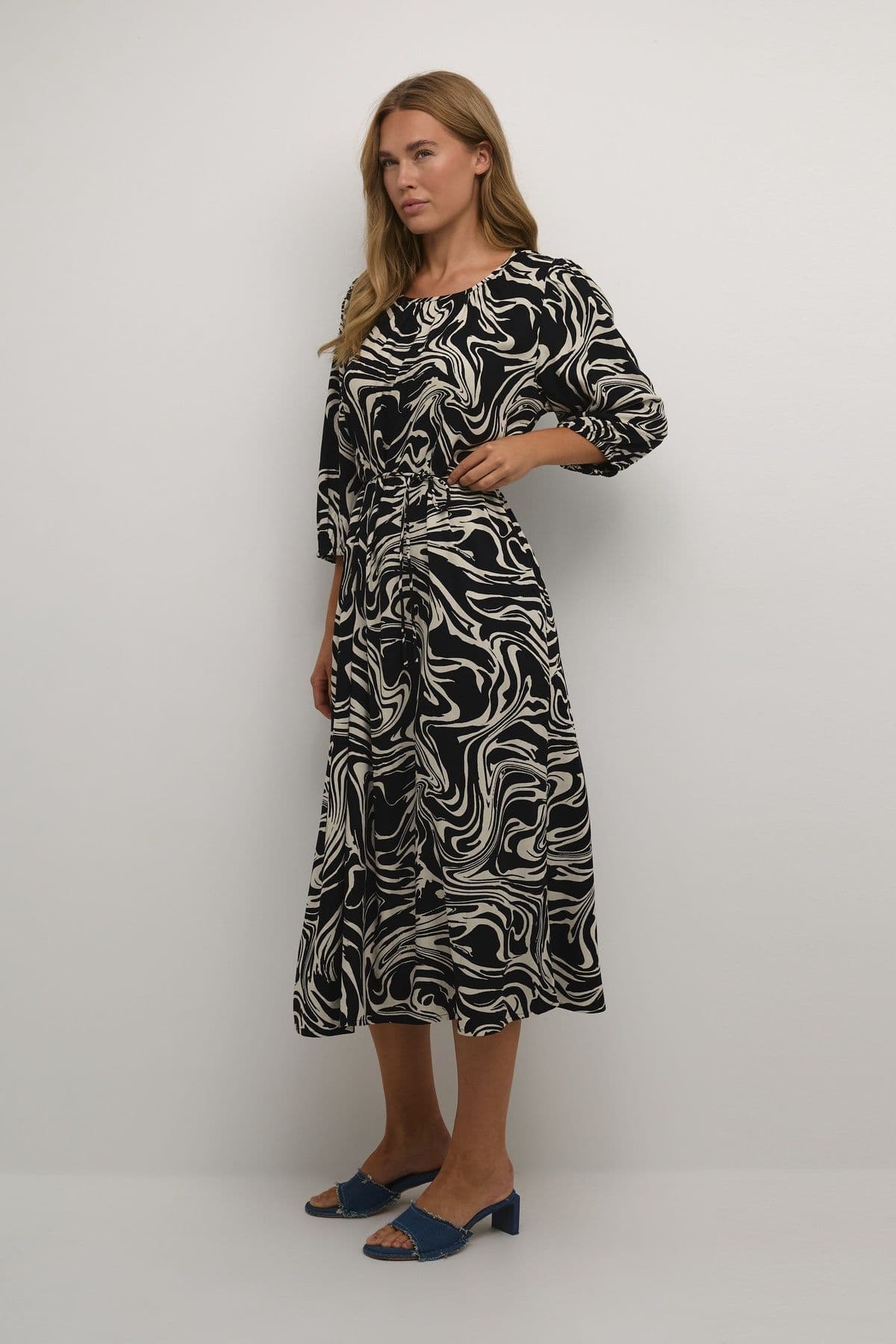 Carmen 3 4 Sleeve Round Neck Dress