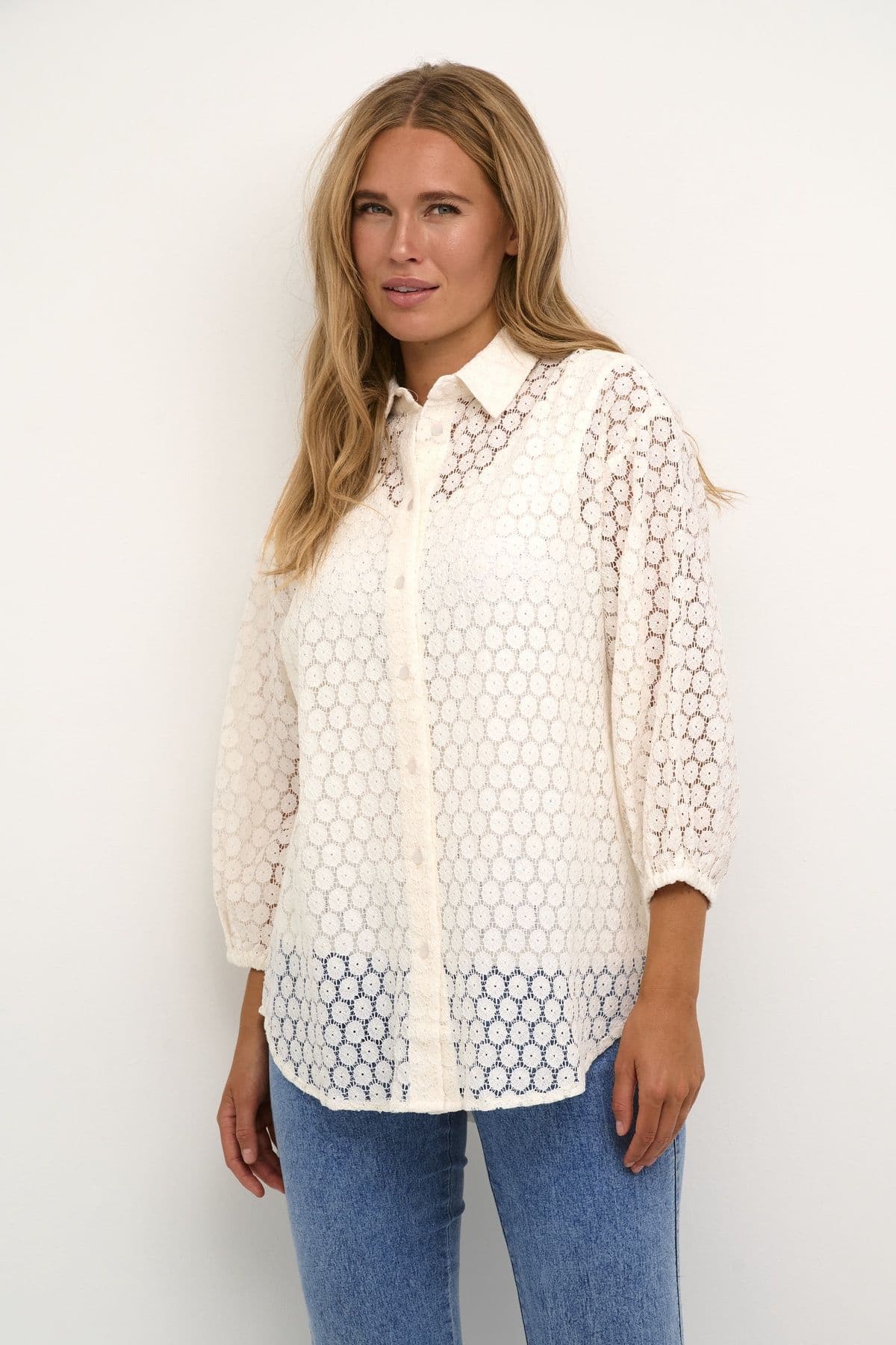 Loren Lace 3 4 Sleeve Sheer Shirt