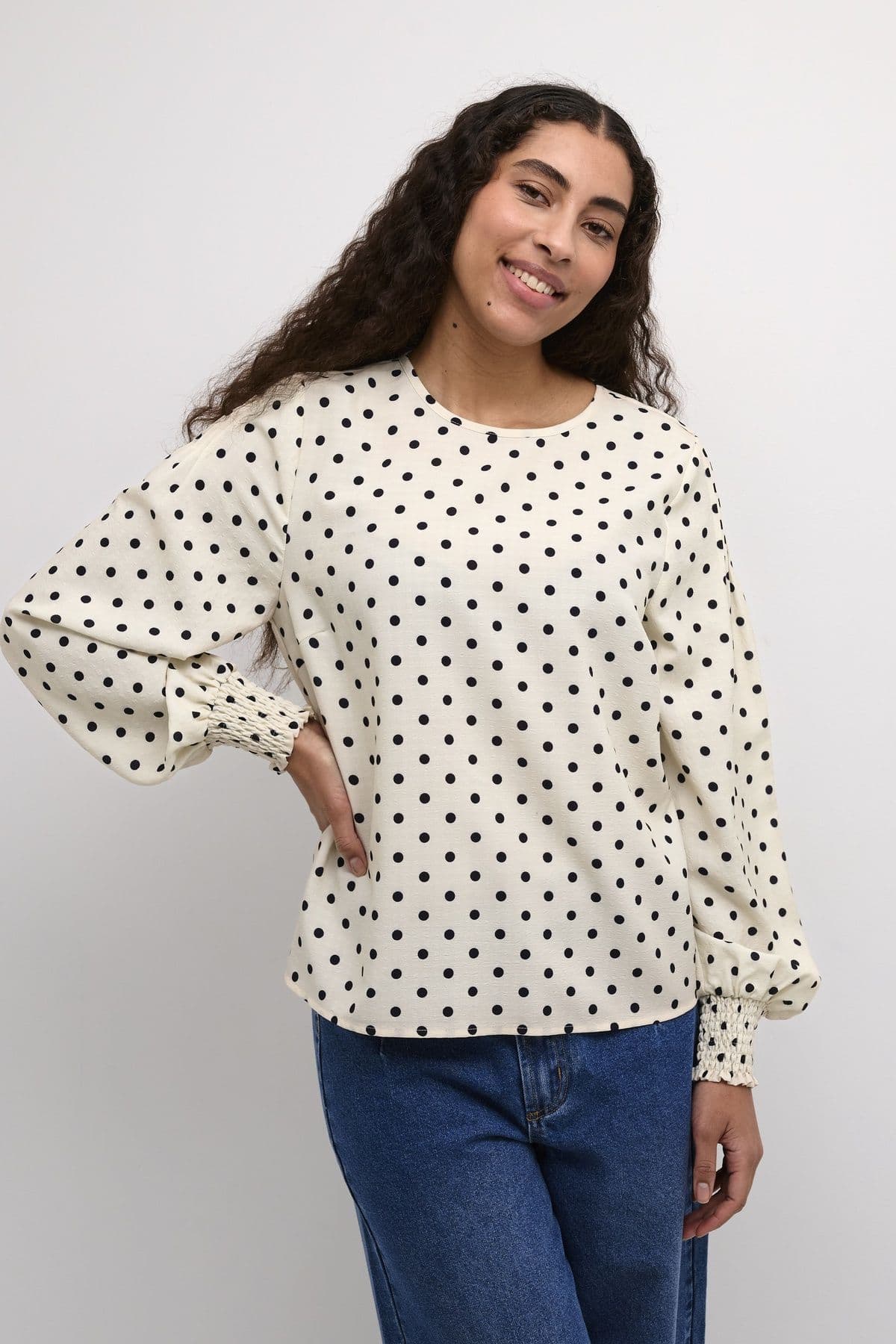 KAoscarna Round Neck Polka Dot Blouse