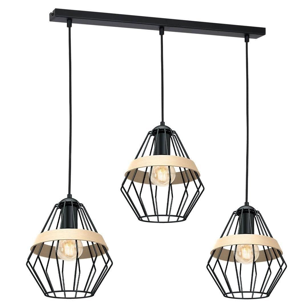 Cliff Triple Pendant Lamp Hand Made Matt Natural Wood Cage Style