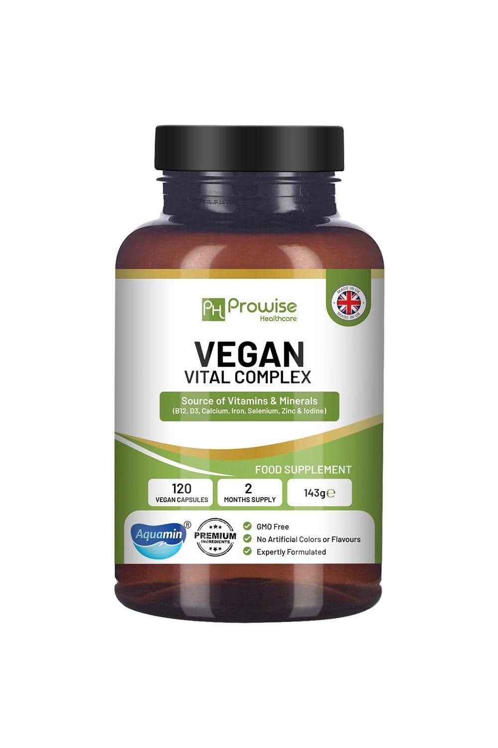 Vegan Vital Multivitamins Complex 120 Capsules to Support Plant Based Diet Aquamin Calcium Vitamin B12 Vitamin B2 Vitamin D3 Selenium Iod