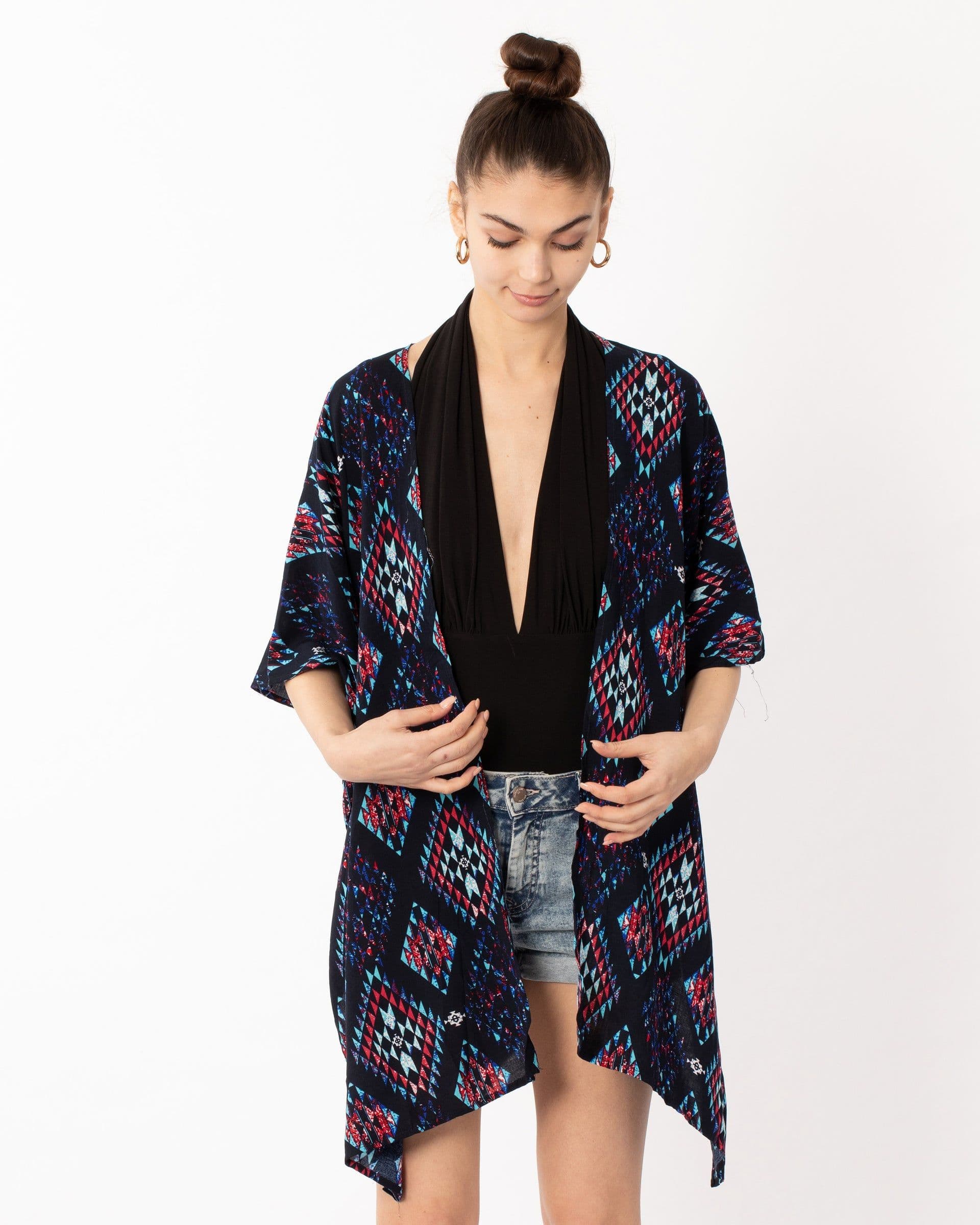 Aztec Tile Print Cotton Long Kimono Cardigan