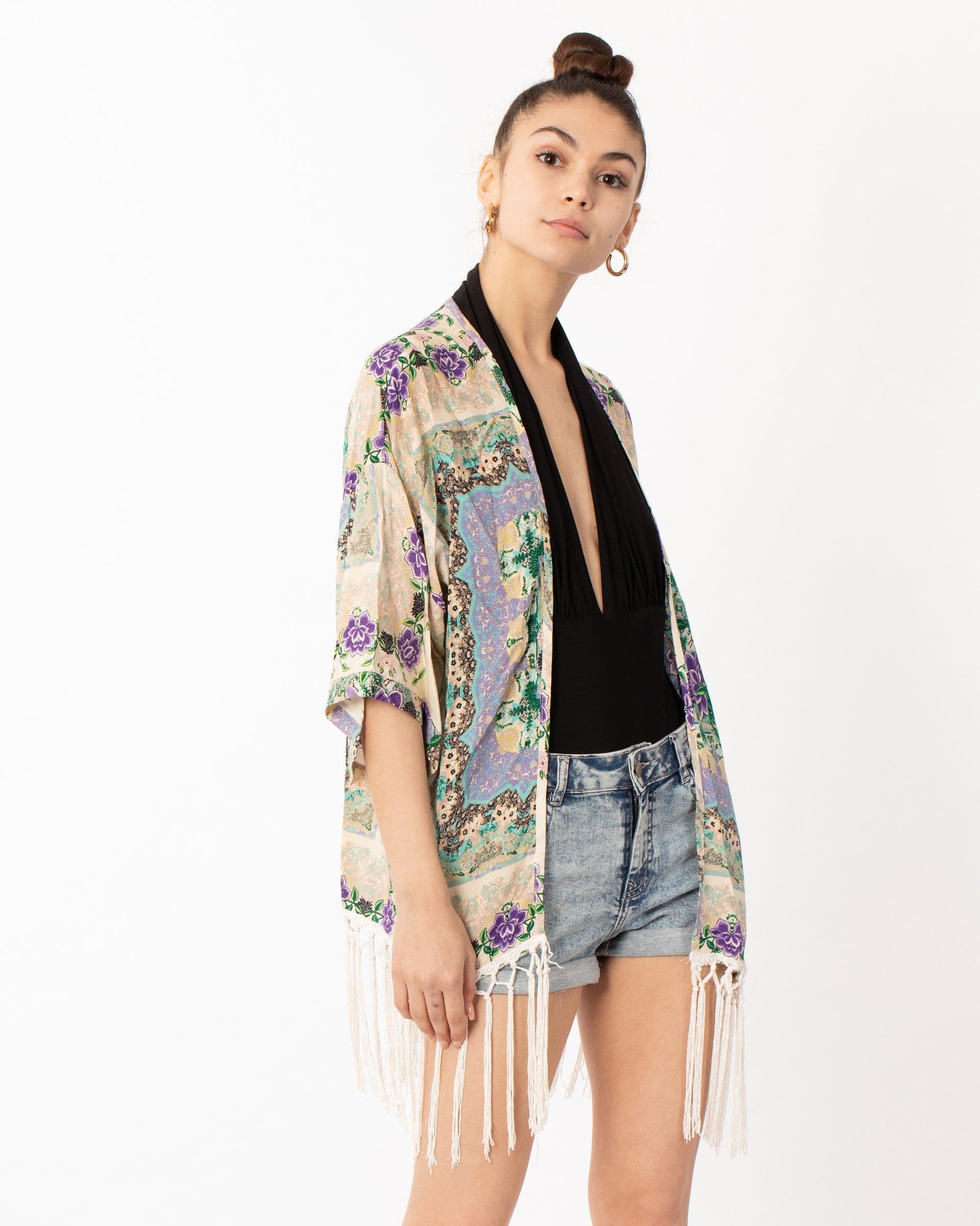 Floral Scarf Print Cotton Fringe Kimono Top Purple