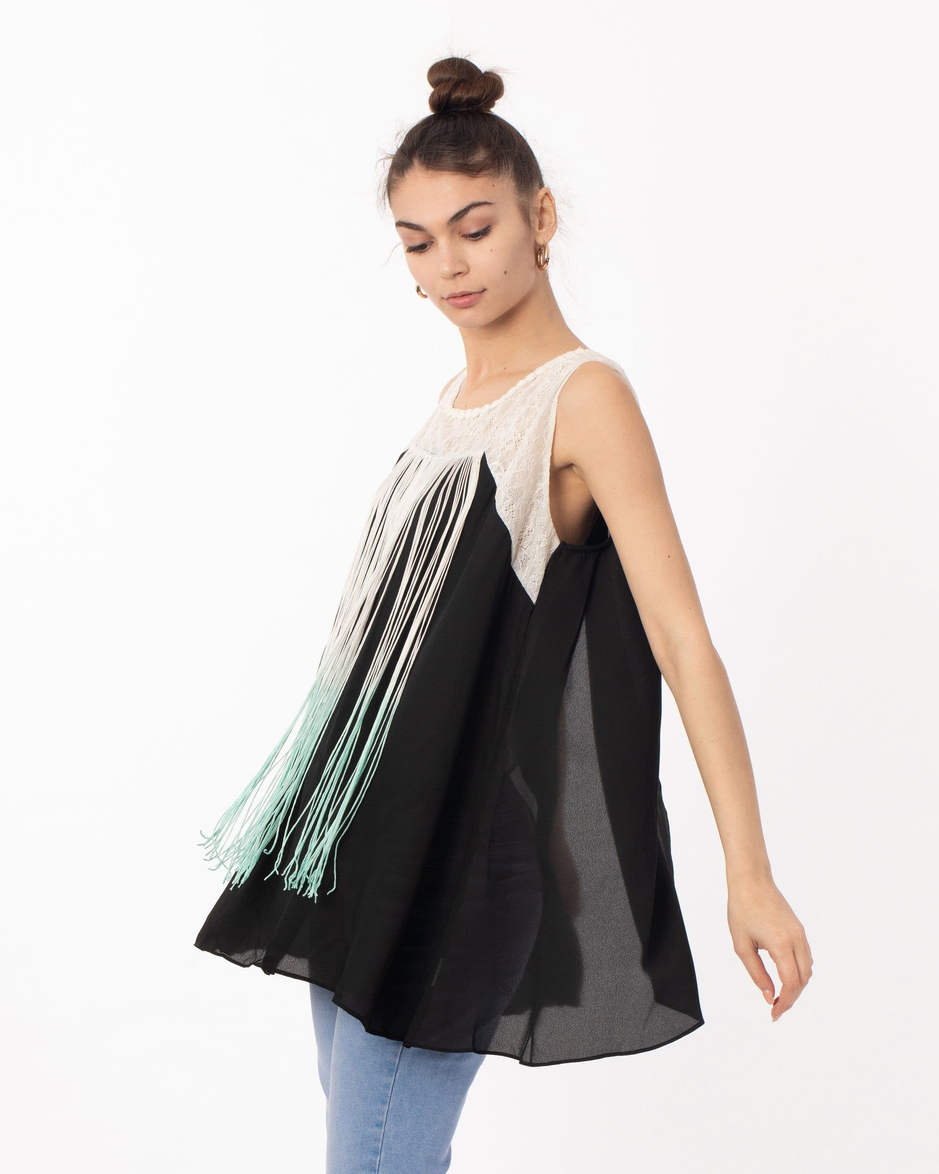 Tie Dye Fringed Chiffon Lace Shoulder Vest