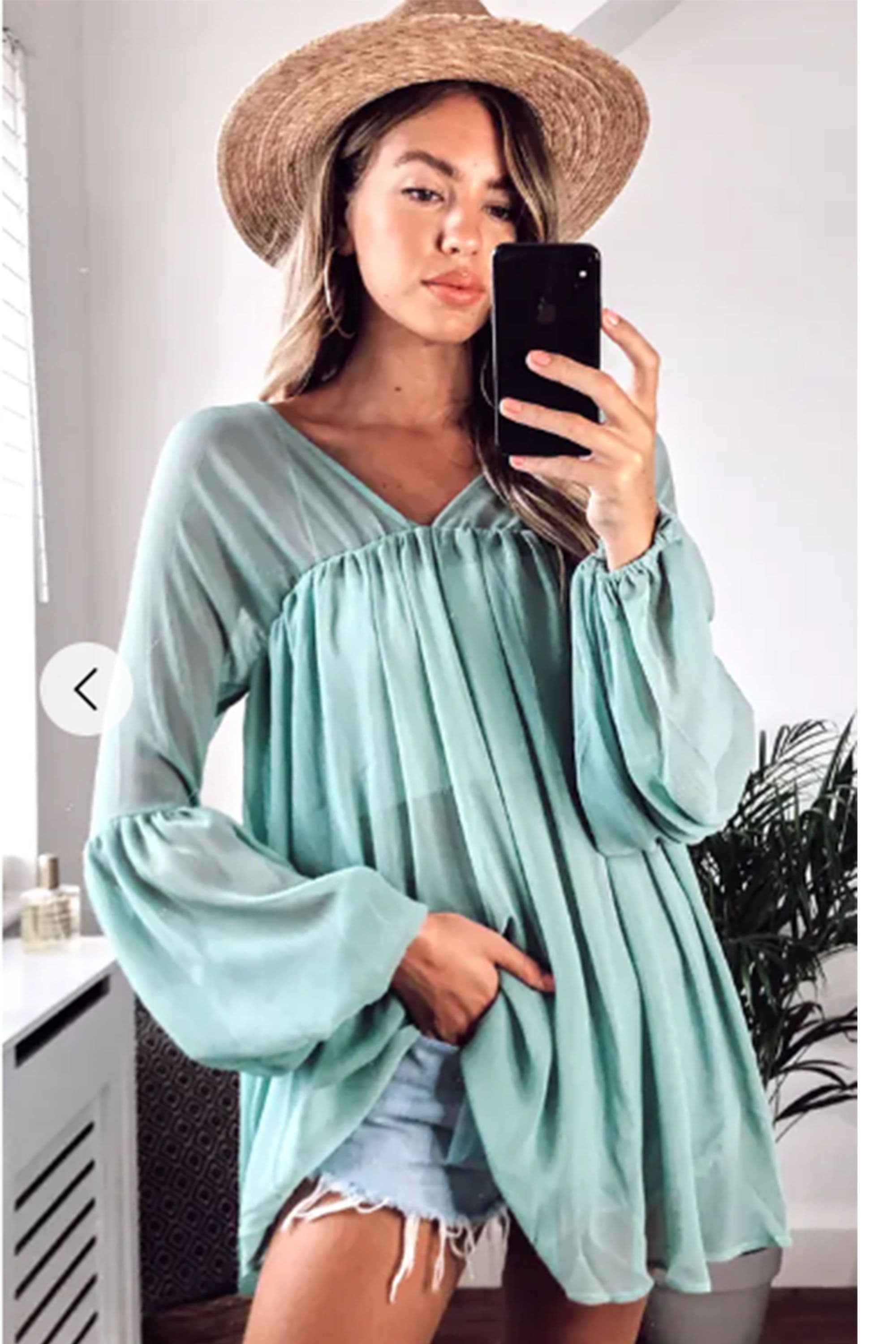 Balloon Long Sleeves Design Chiffon Top S M