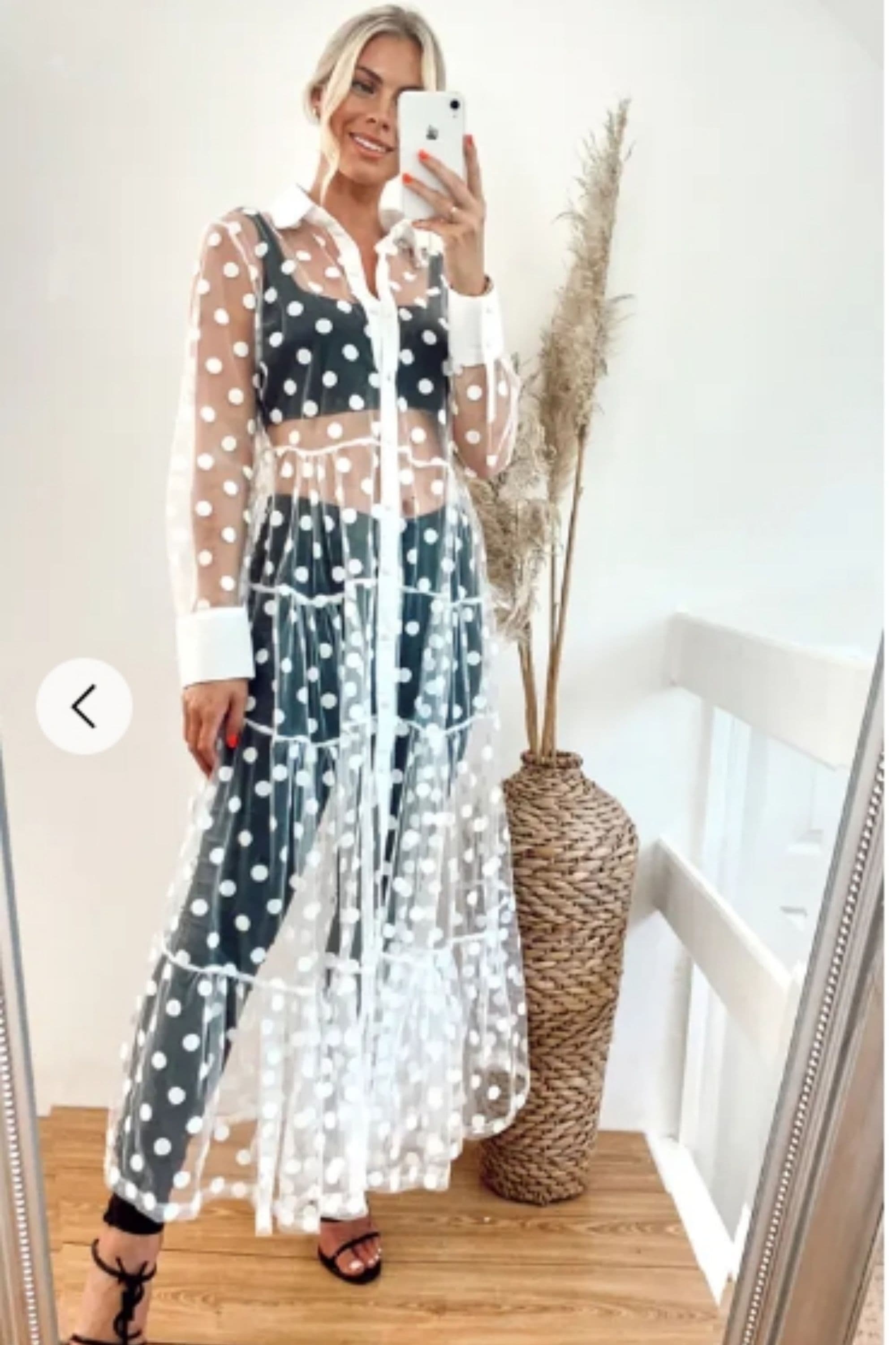 Spotted Design Lace Shirt Dress Cardigan S M