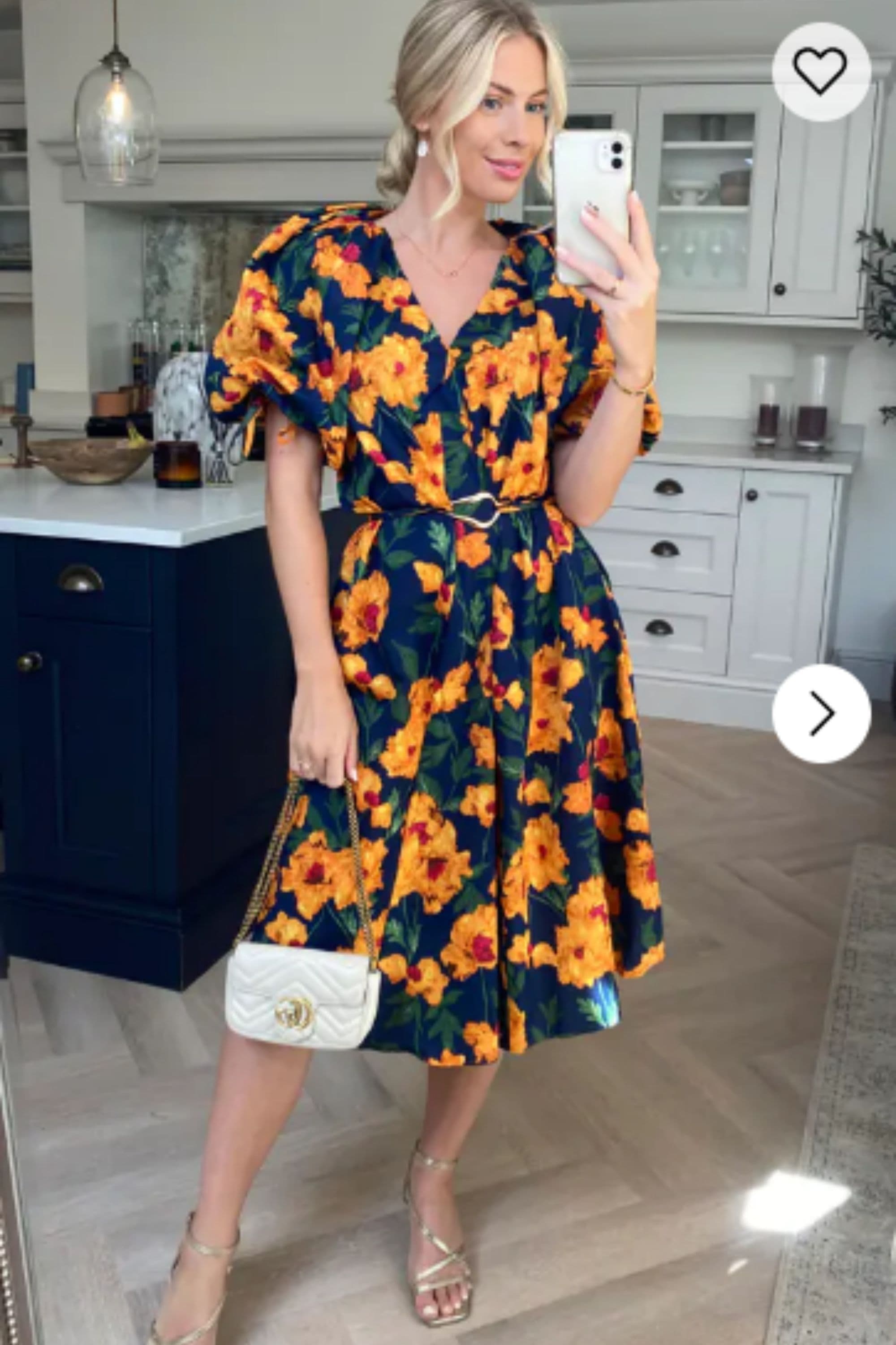 Oversized Puff Sleeve Midi Dress Yellow Floral Print S M