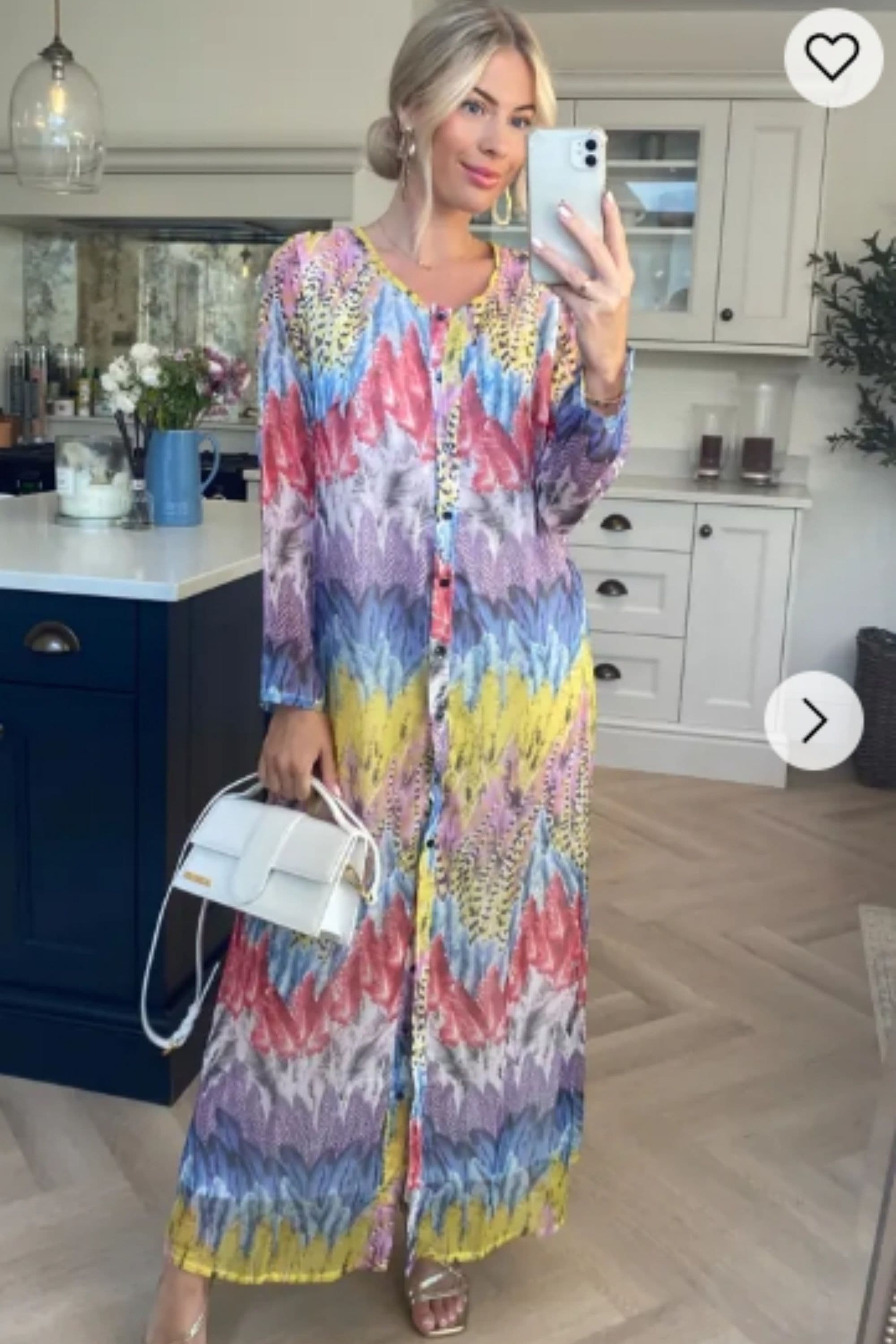 Button Up Maxi Dress Summer Feather Print S M