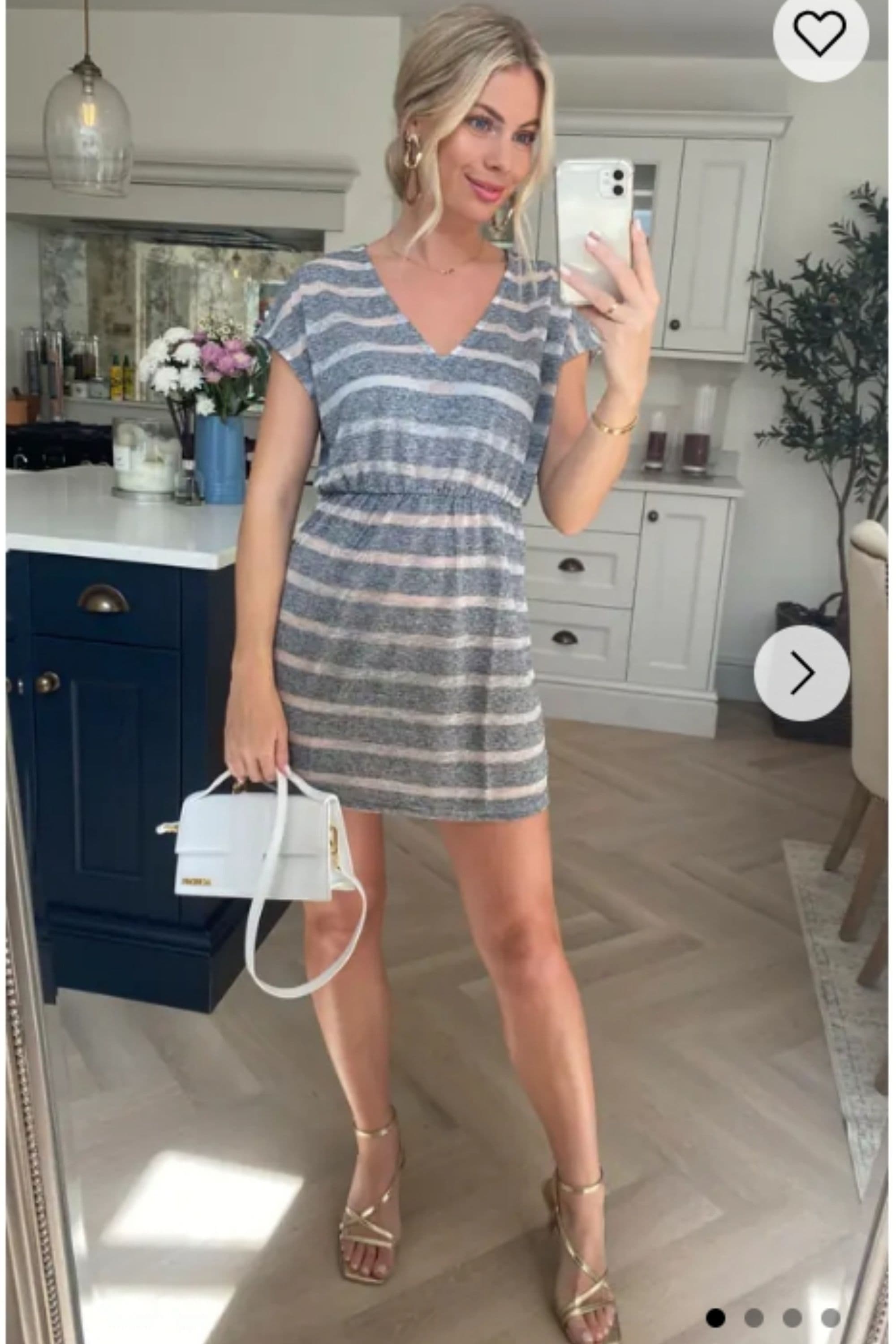 Short Sleeve V Neck Mini Dress Grey & Stripe
