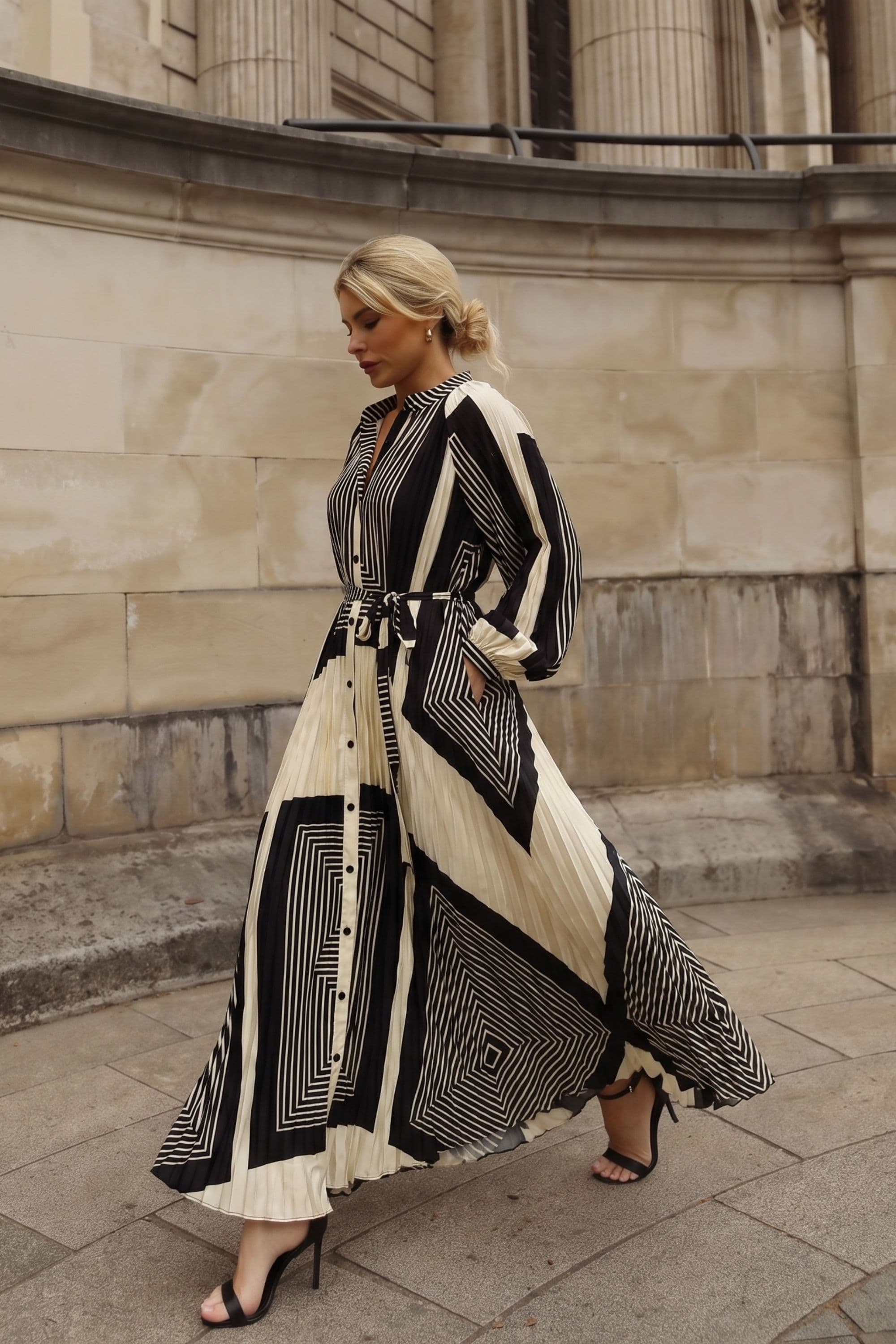 & White Scarf Print Full Pleated Long Shirt Dress