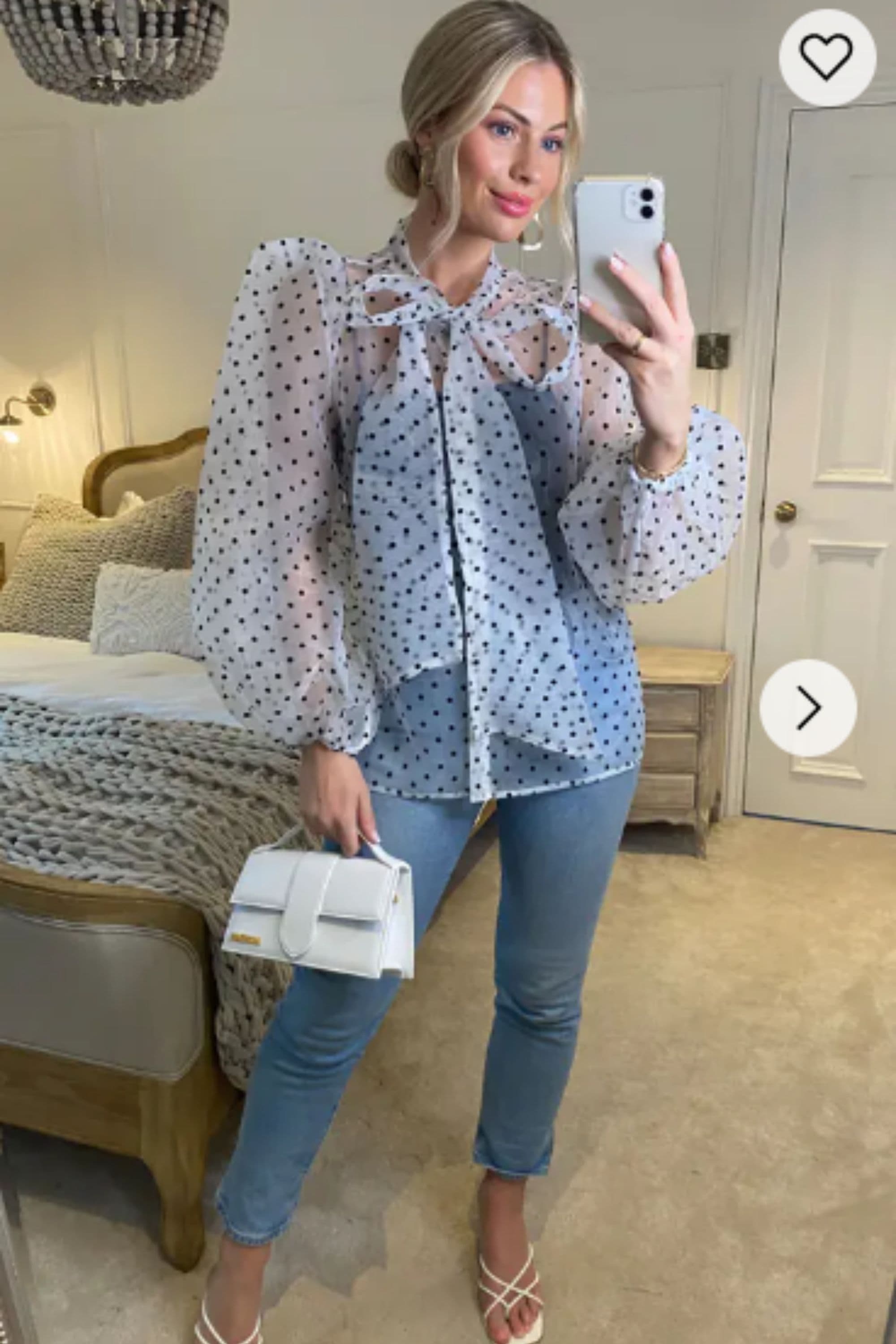 Oversized Organza Shirt Polka Dot Print Bow Design S M