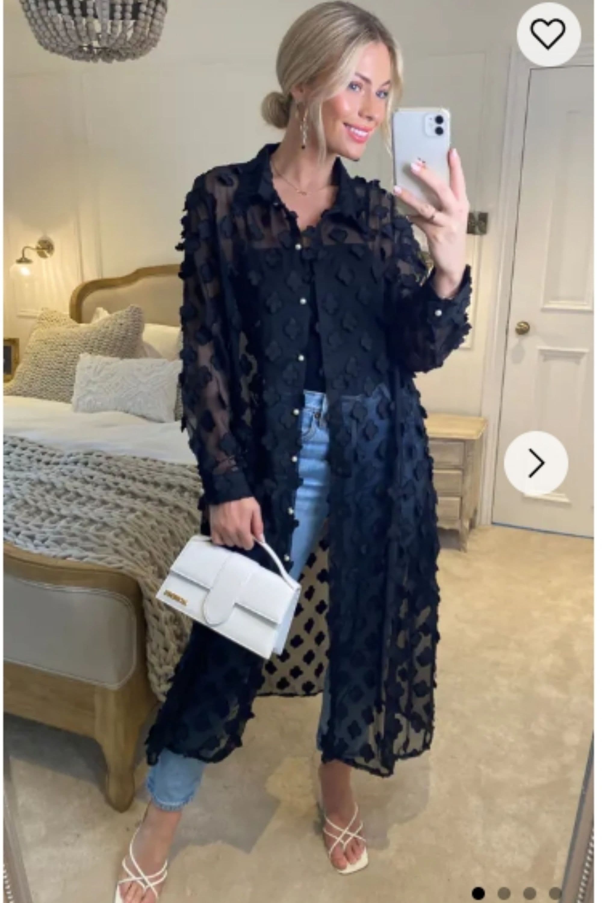 Oversized Long Shirt Dress Floral Embellished Design S M