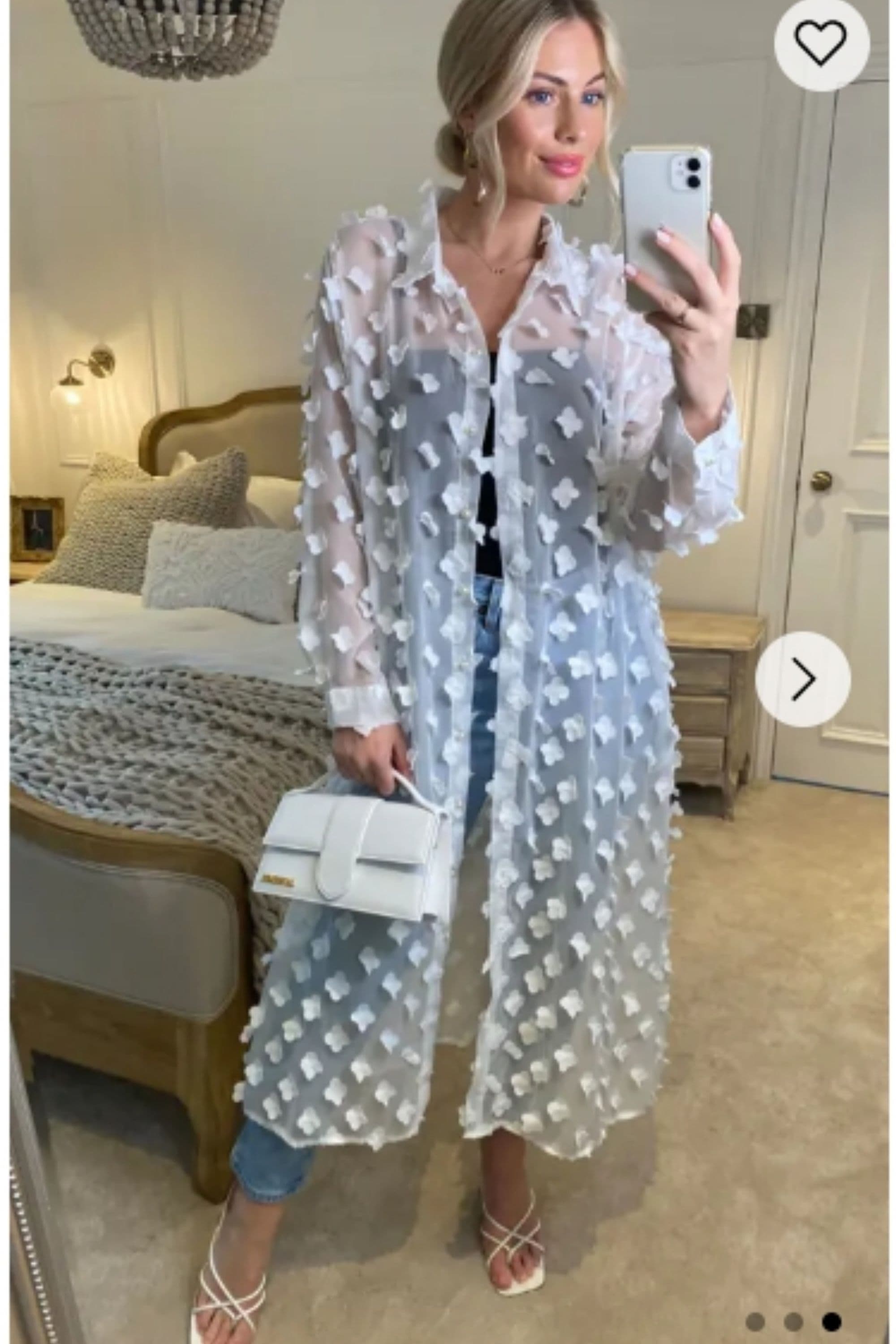 Oversized Long Shirt Dress Floral Embellished Design S M