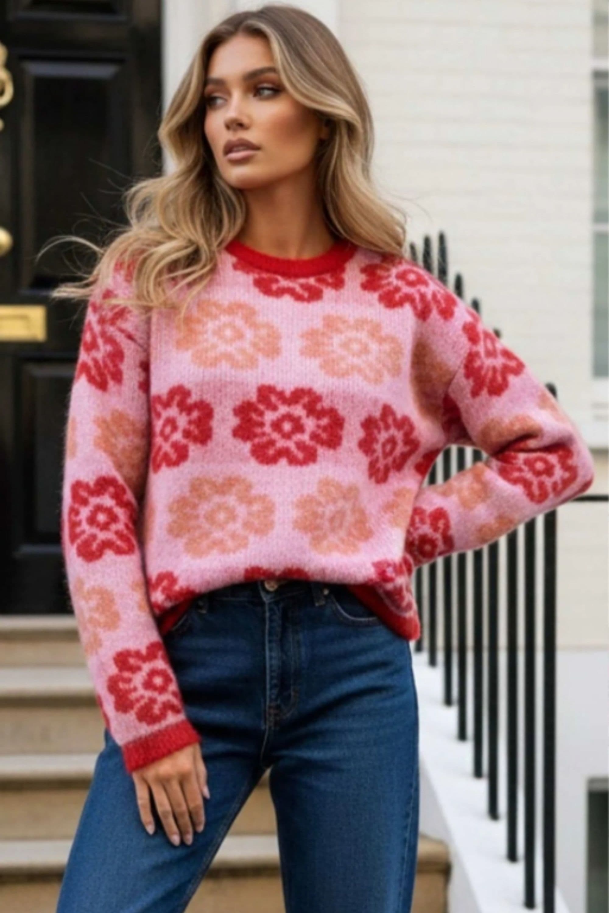 & Pink Floral Pattern Soft Knit Jumper