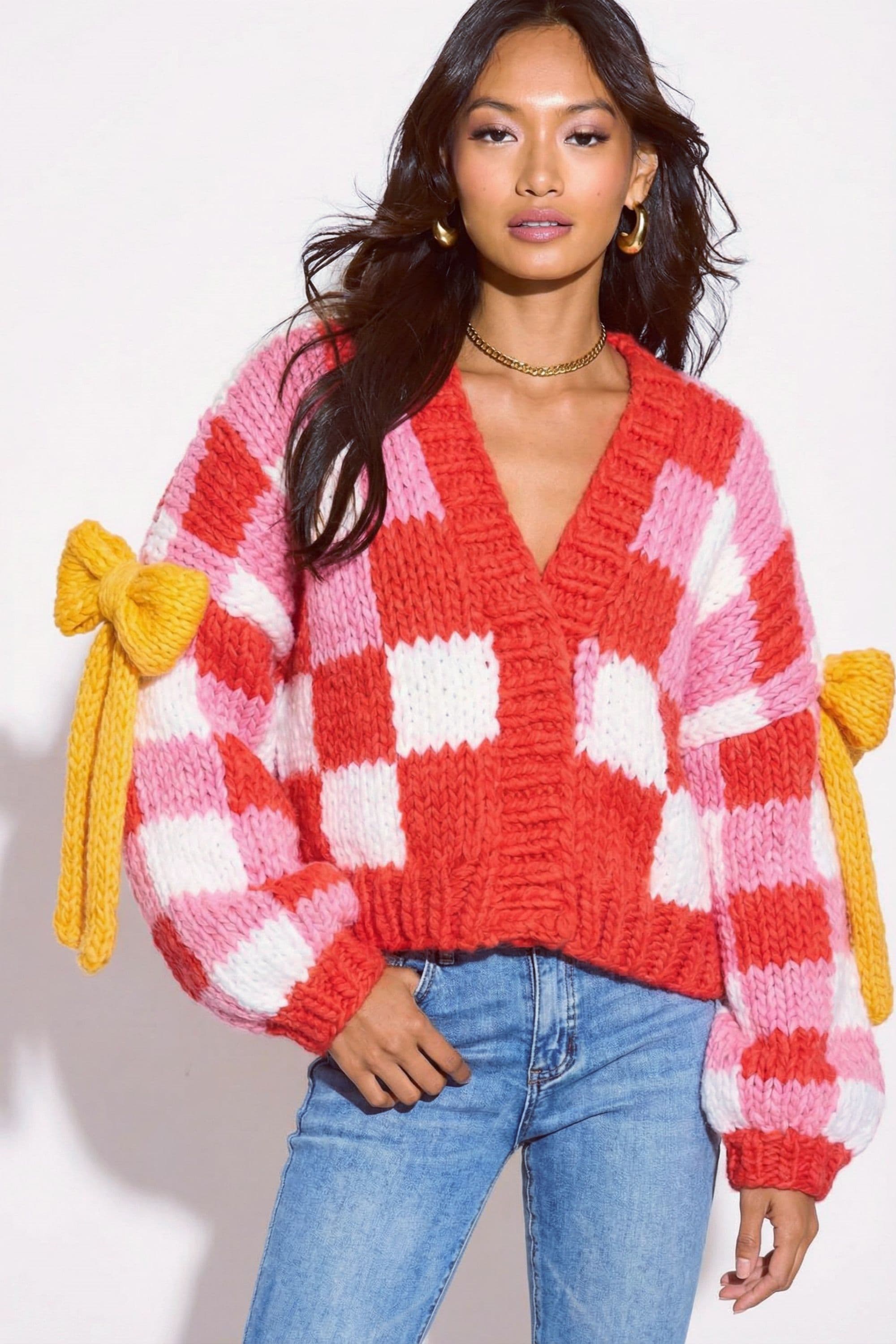 Checked Pattern Design Hand Knit Cardigan