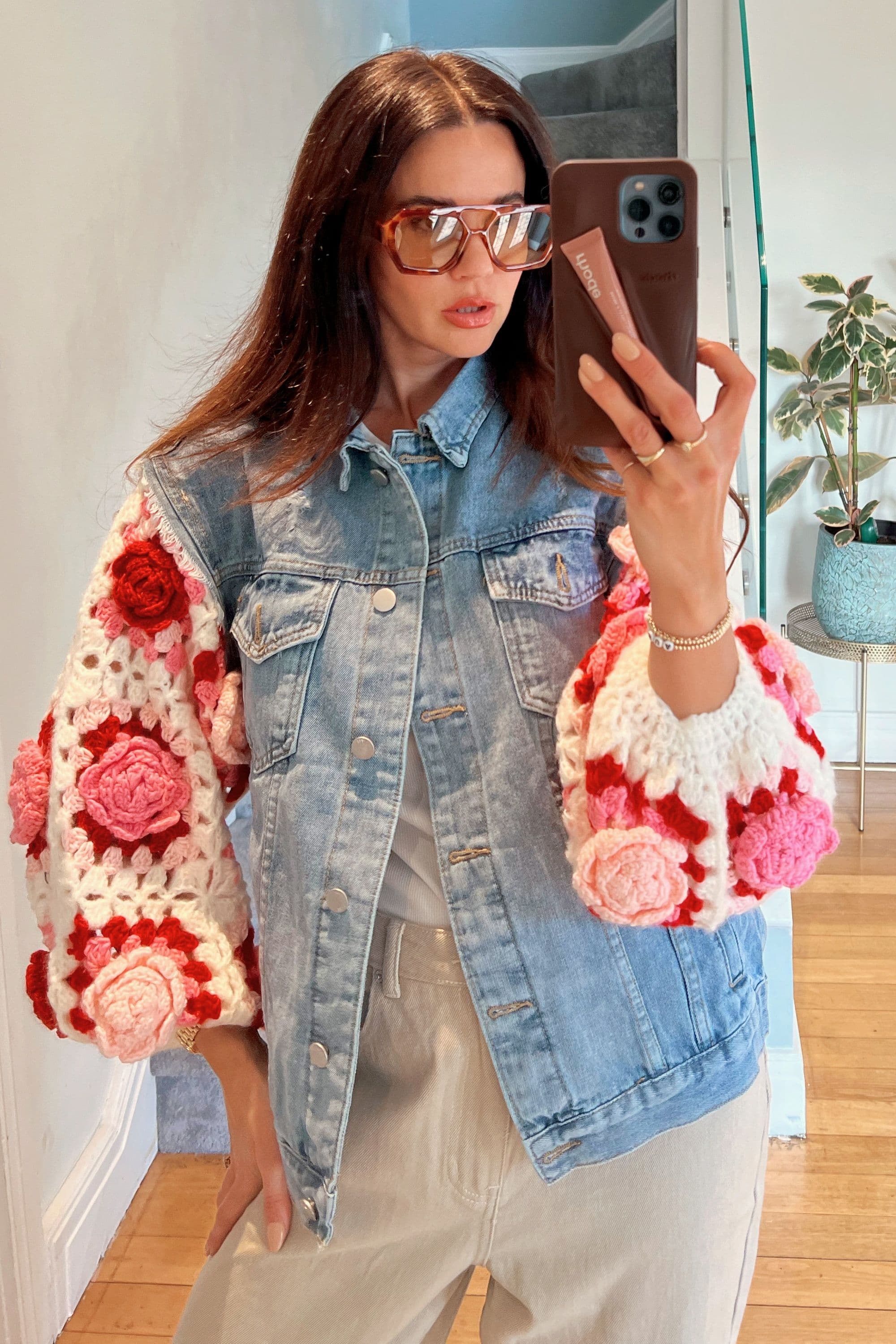 Handknit Pink Floral Pattern Sleeves Denim Jacket