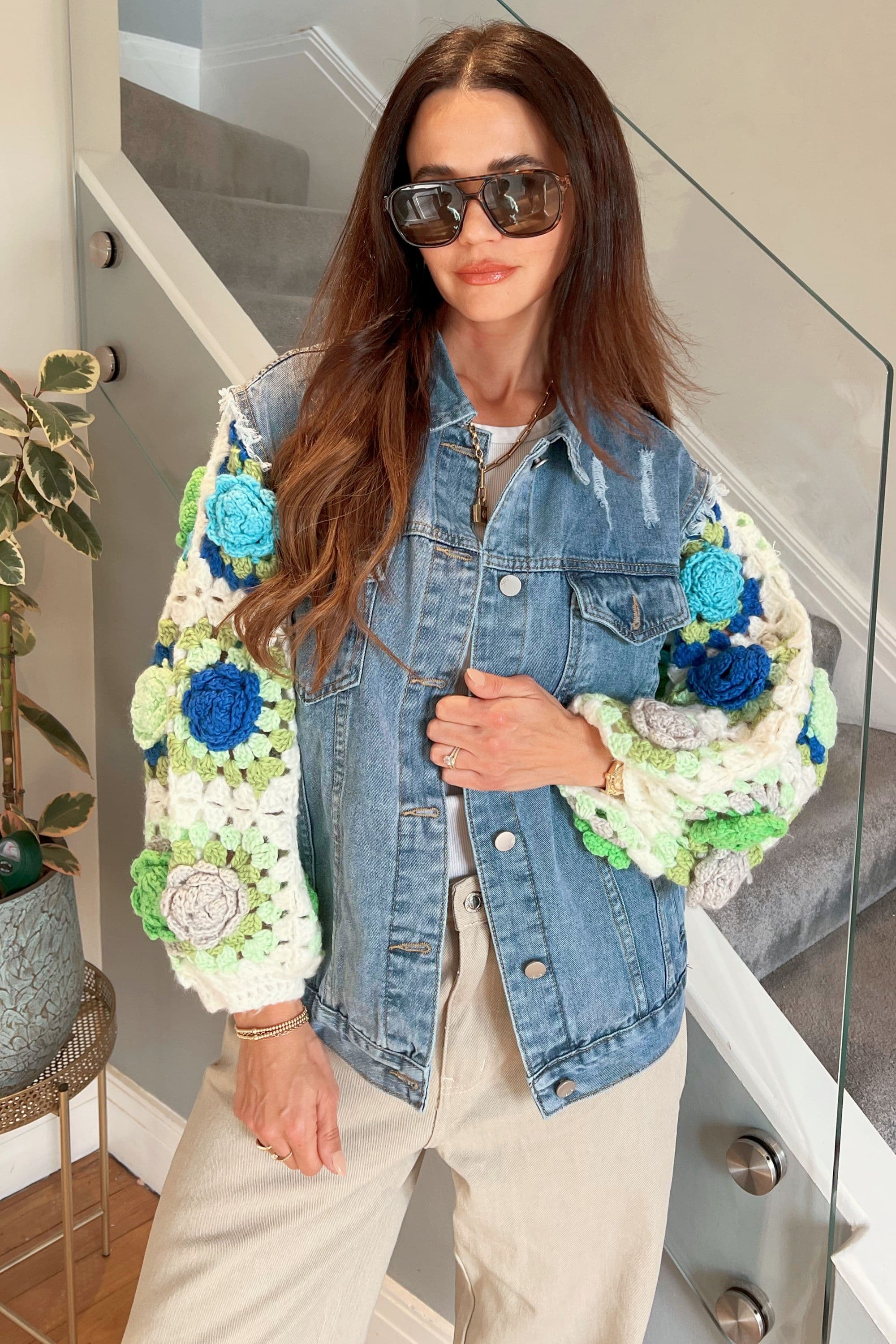 Handknit Green Blue Floral Pattern Sleeves Denim Jacket