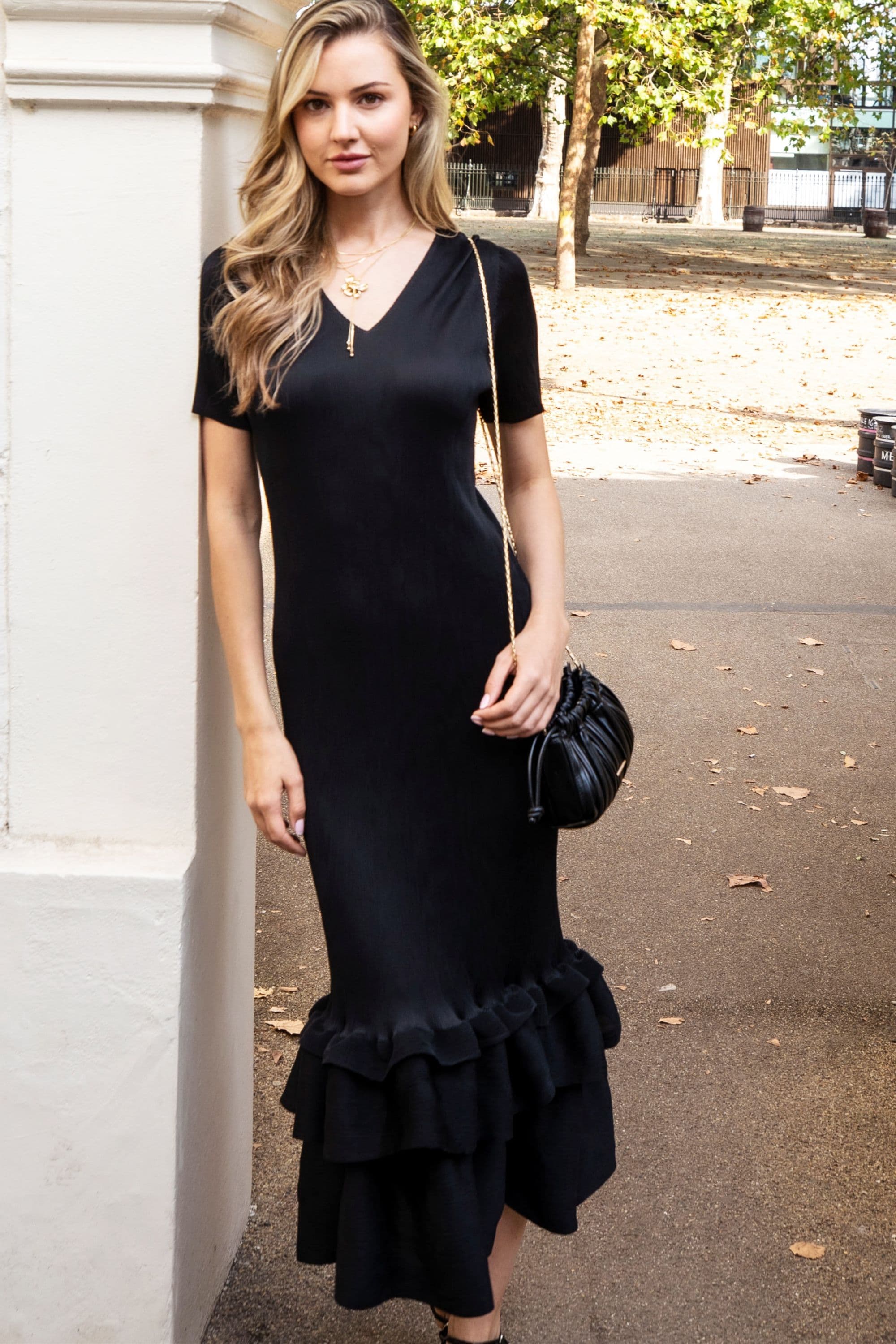 Full Pleated Ruffle Hem Maxi Dress