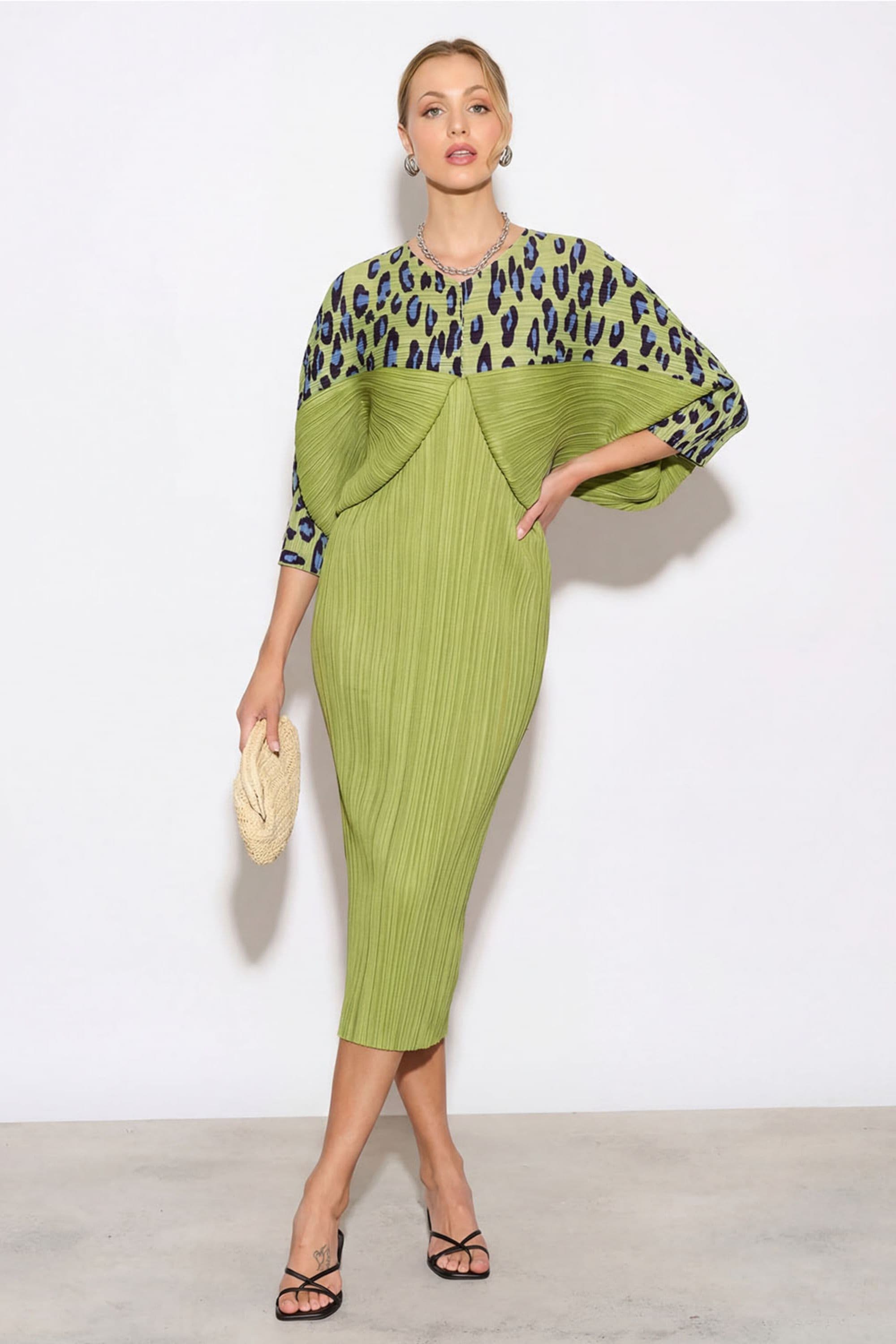 Leopard Print Pleated Dress Kimono Sleeves