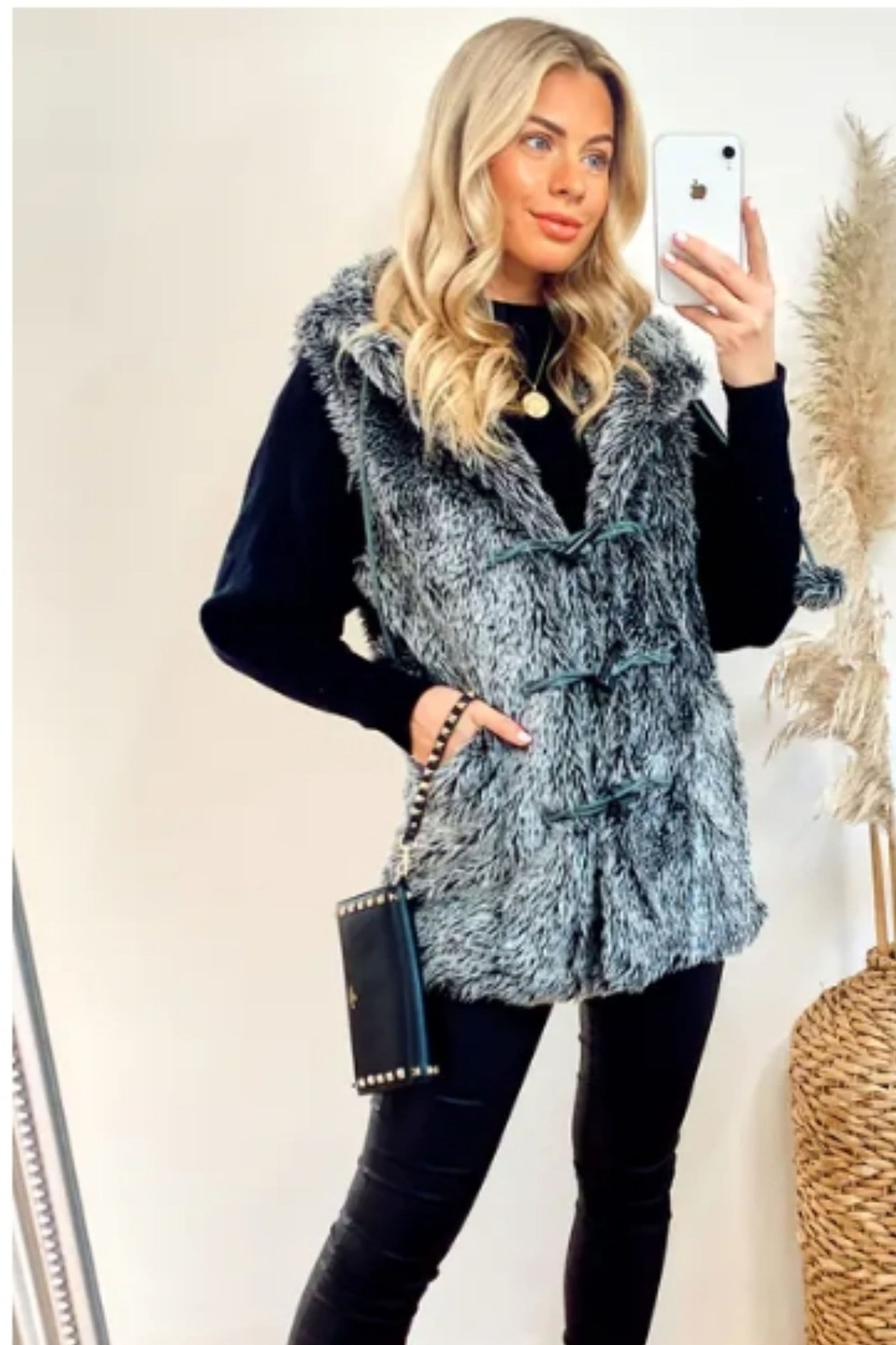 Longline Oversized Faux Fur Gilet Hood S M