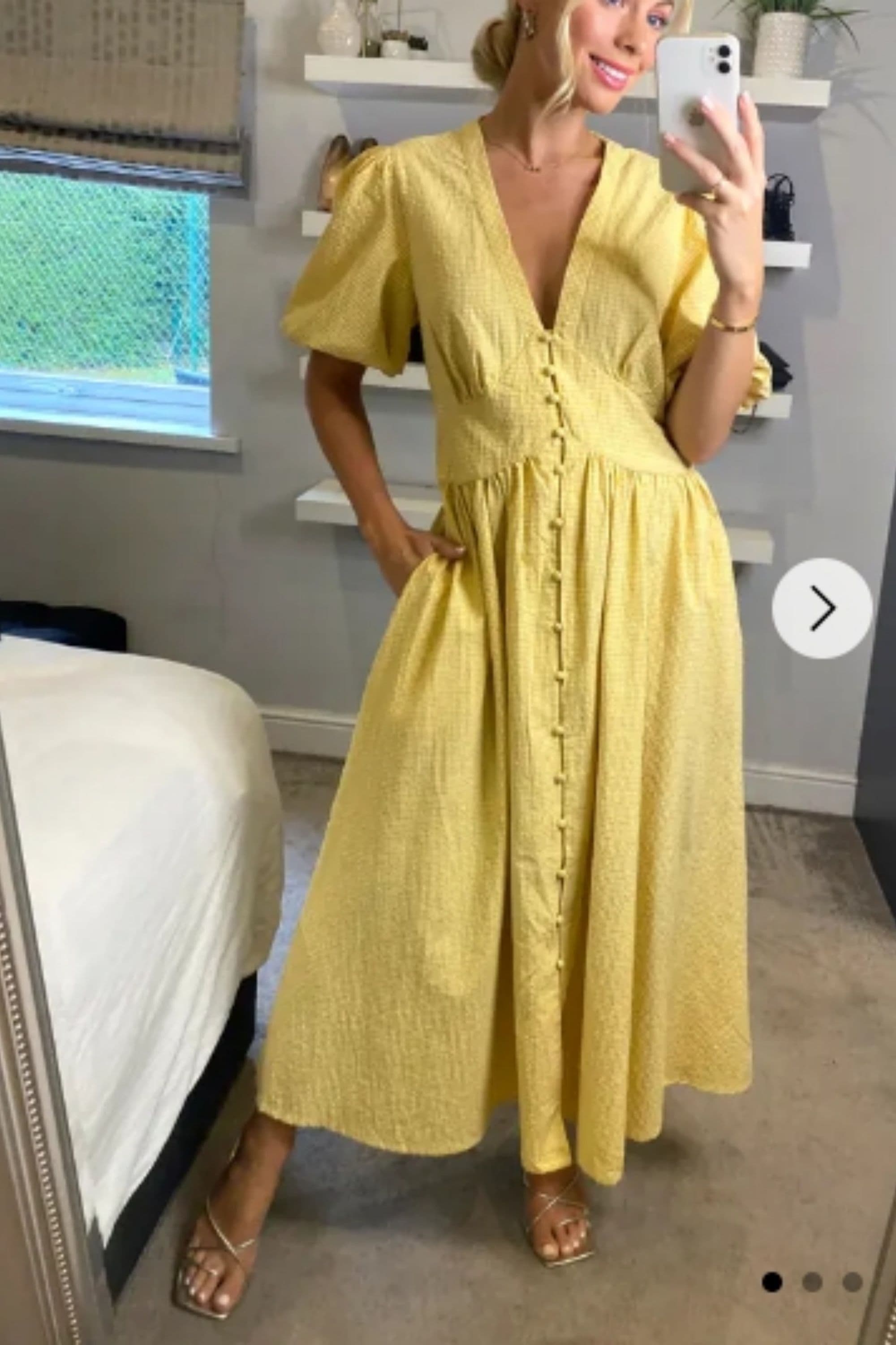 Check Print Cotton Blend Puff Sleeves Midi Dress S M