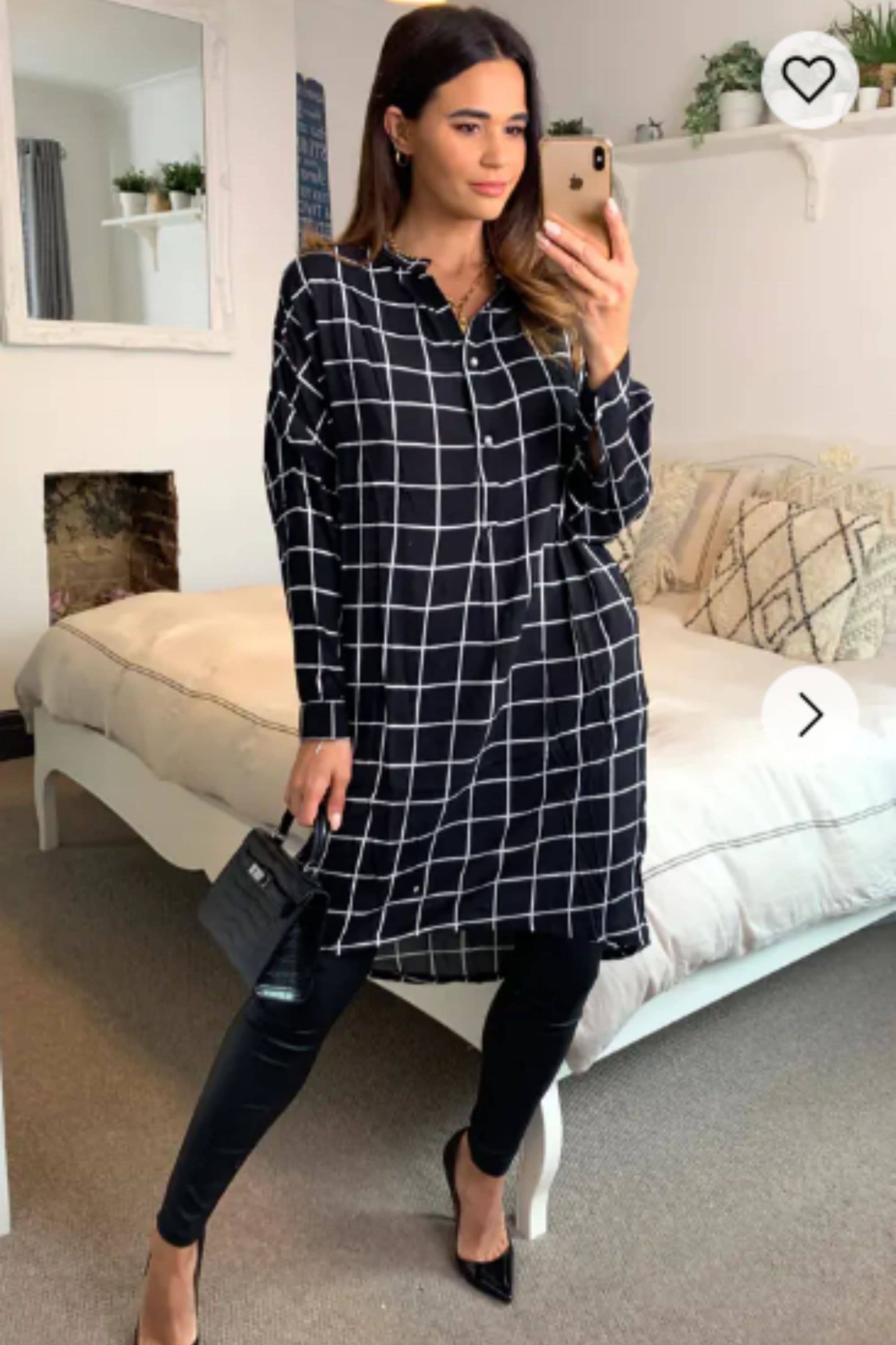 Long Sleeve Shirt Dress Check Print