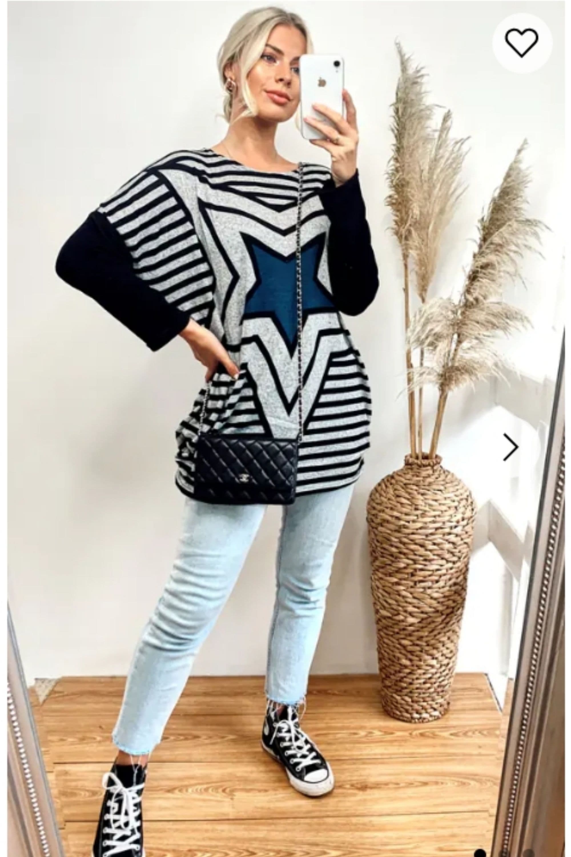 Oversized Knitted Top Star & Stripe Print Grey