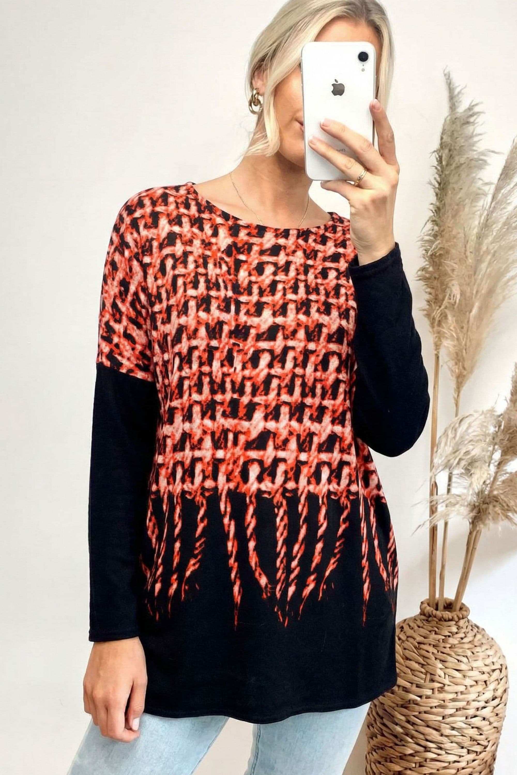 Oversized Knitted Top Long Sleeves Red & Woven Print