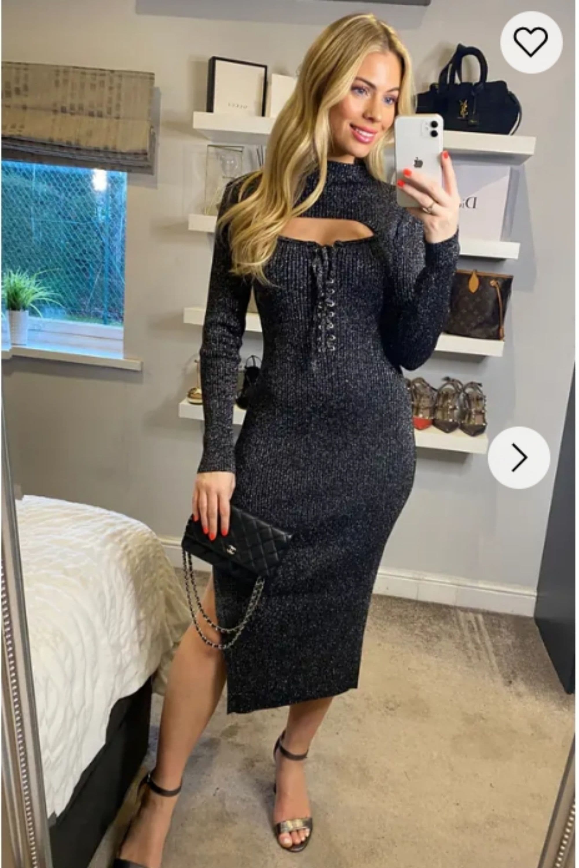 Metallic Knit Lace Up Midi Bodycon Dress S M