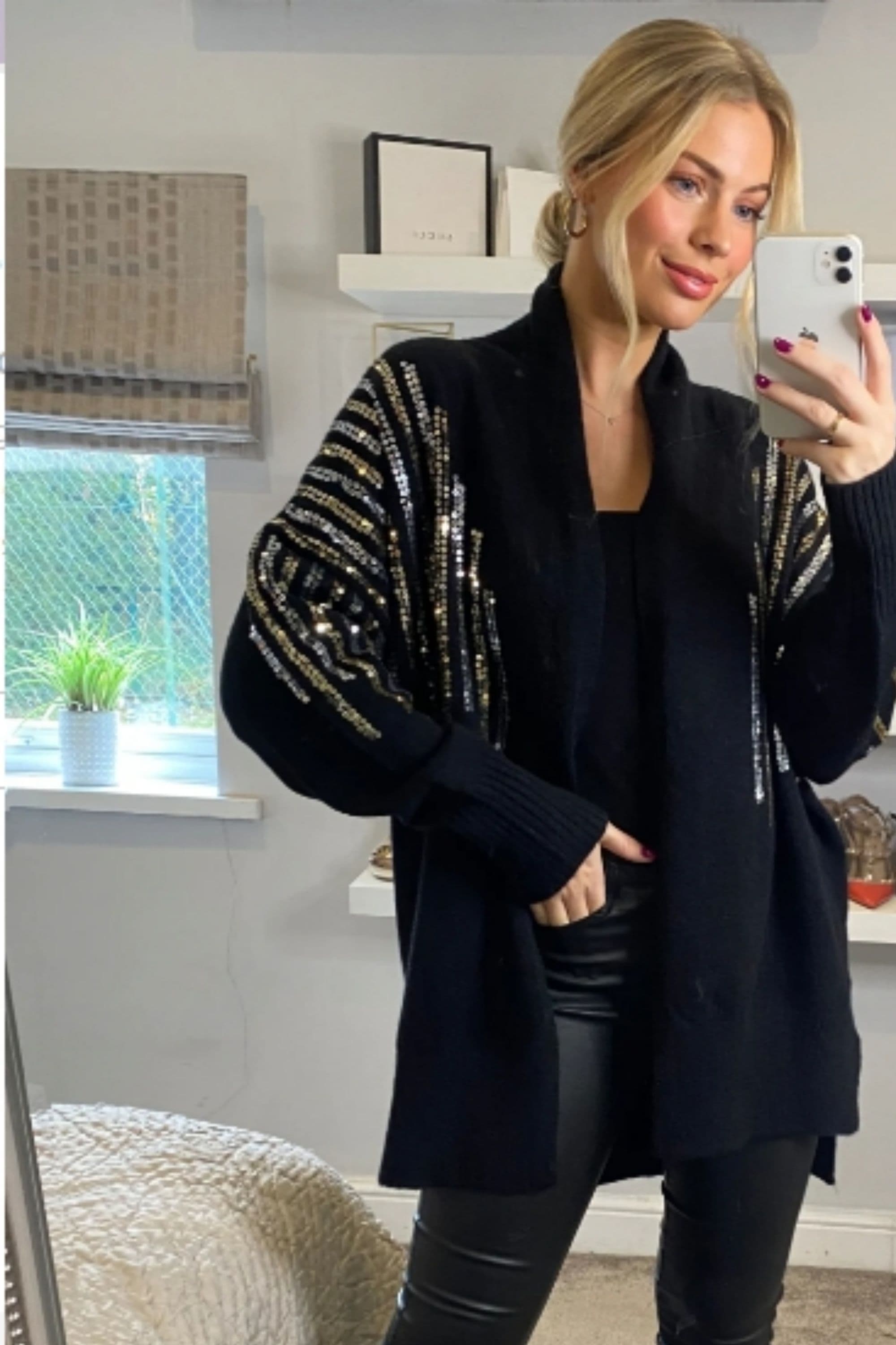 Sequin Embellished Shoulder & Front Soft Knit Cardigan