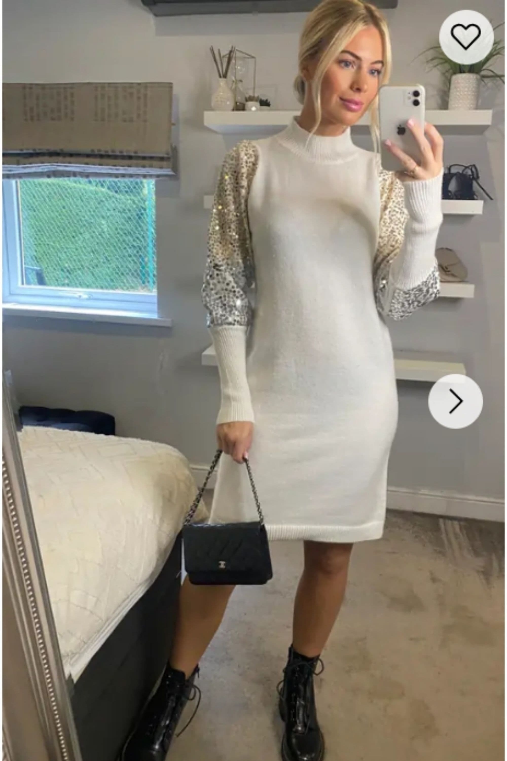 Gold & Sliver Sequin Embellished Sleeves Design Jumper Dress