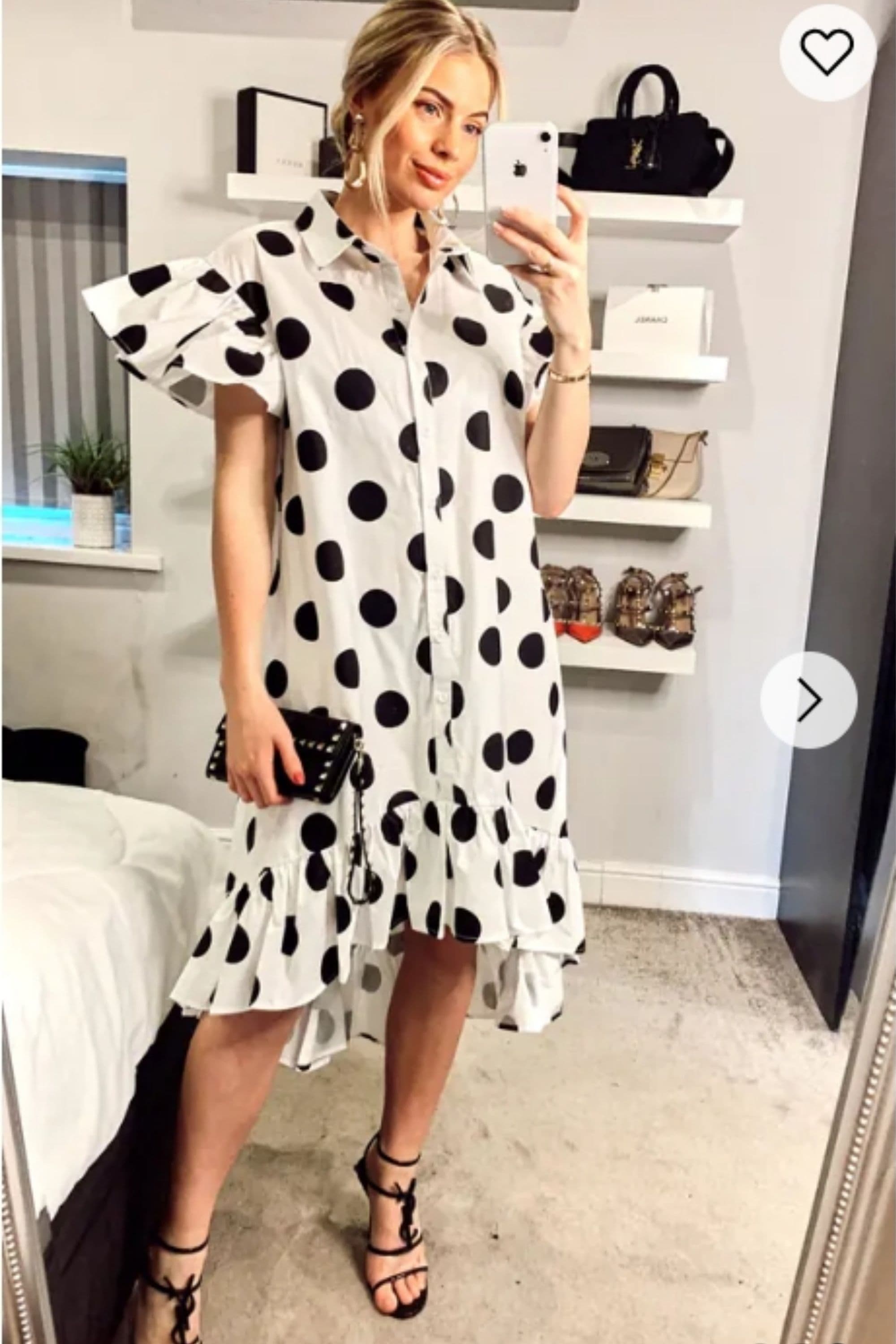 Polka Dot Print Dip Hem Dress Frill Sleeves Design S M