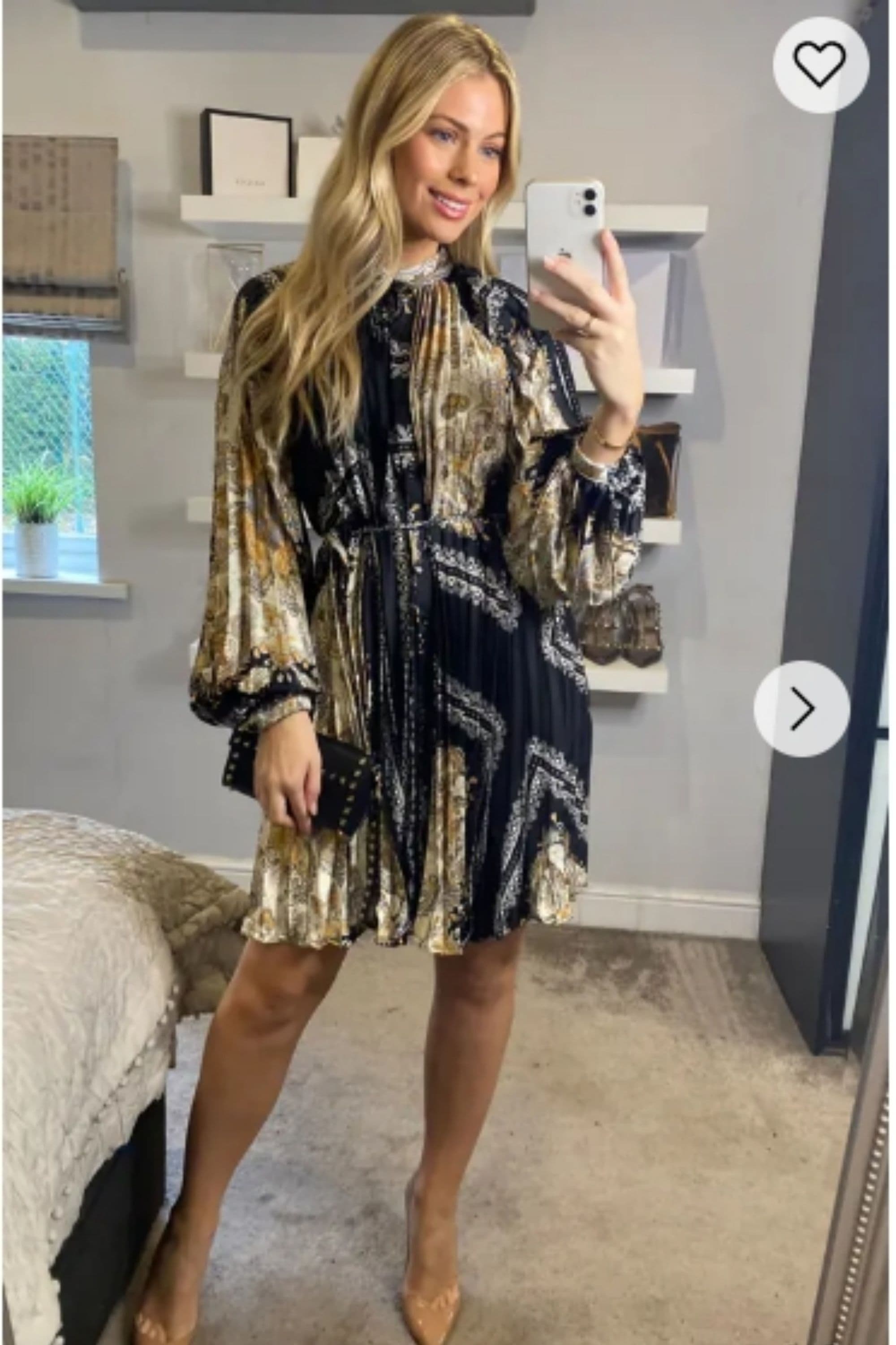 & Gold Scarf Print Full Pleated Shirt Dress