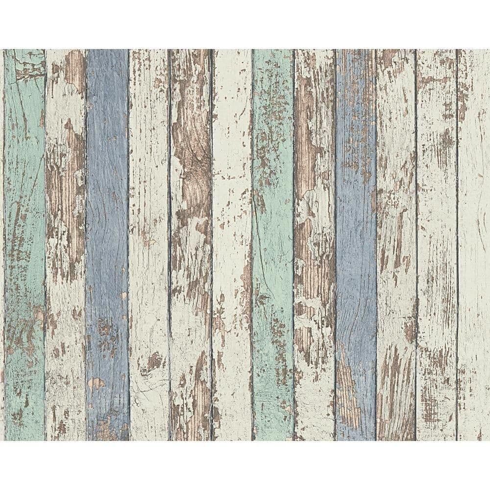 Painted Wood Beam Faux Effect Textured Vinyl Blue Brown Wallpaper