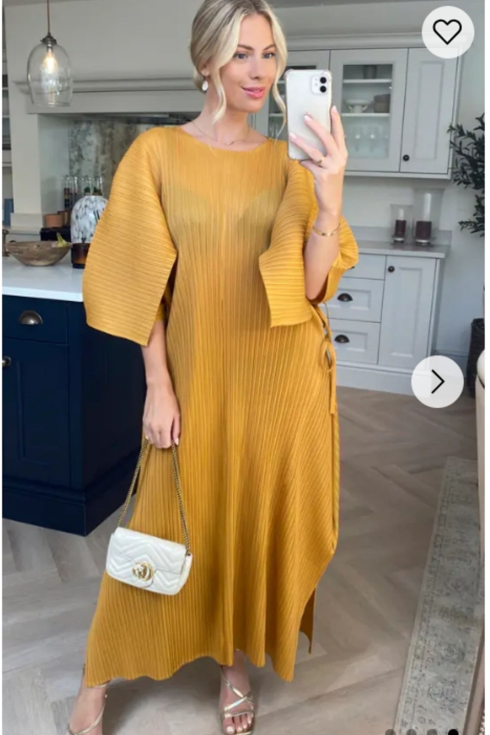 Full Length Pleated Maxi Dress Cap Sleeves Mustard