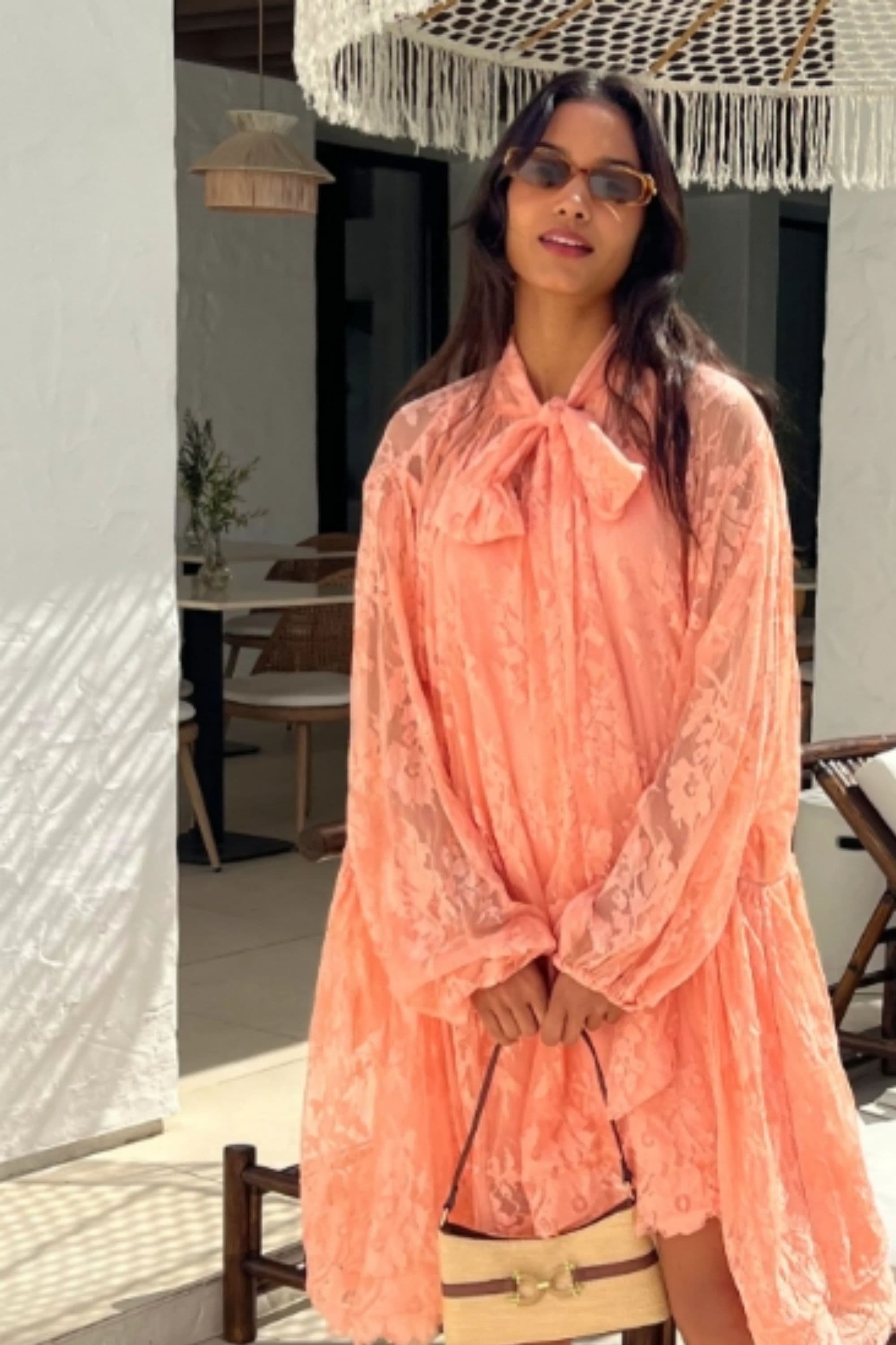 Floral Lace Long Blouseon Sleeves Design Dress Peach S M